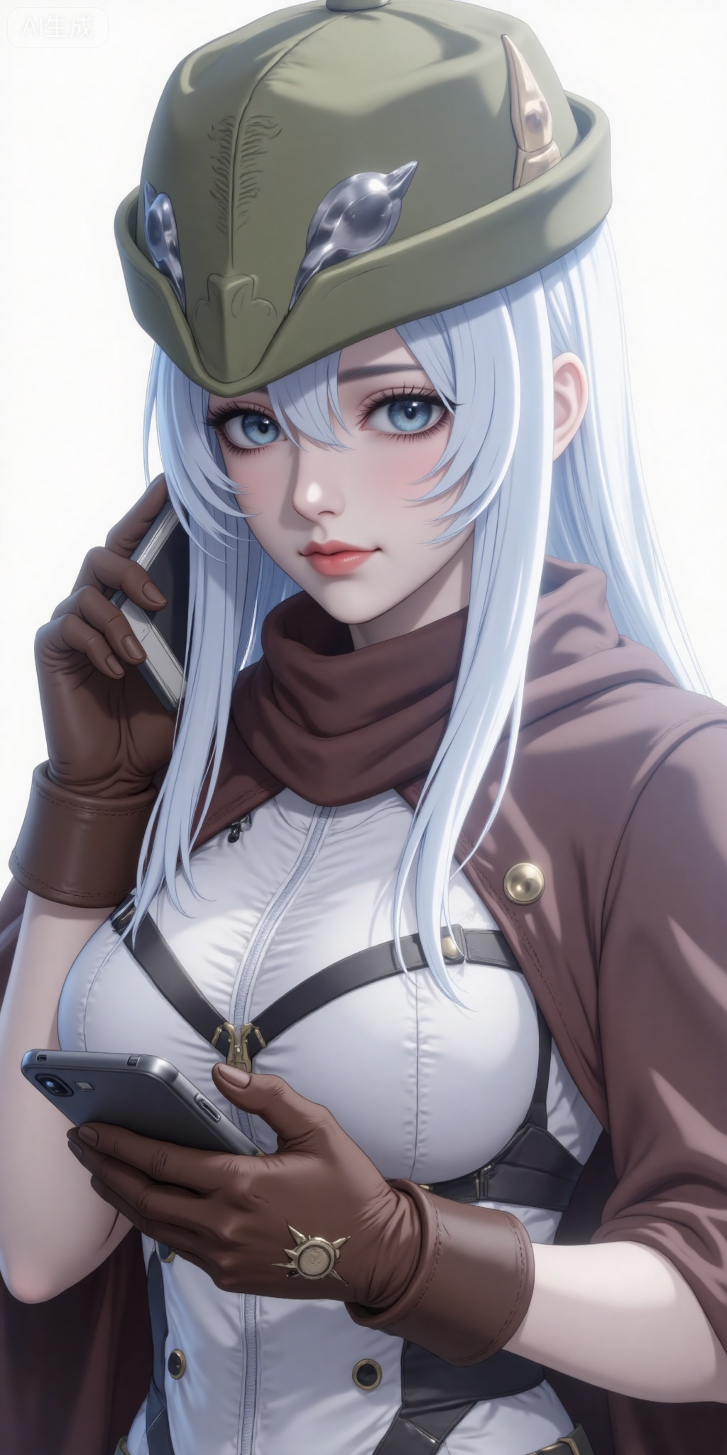 1girl, solo, long hair, blue eyes, gloves, hat, white hair, phone, cellphone, smartphone, brown gloves, holding phone
