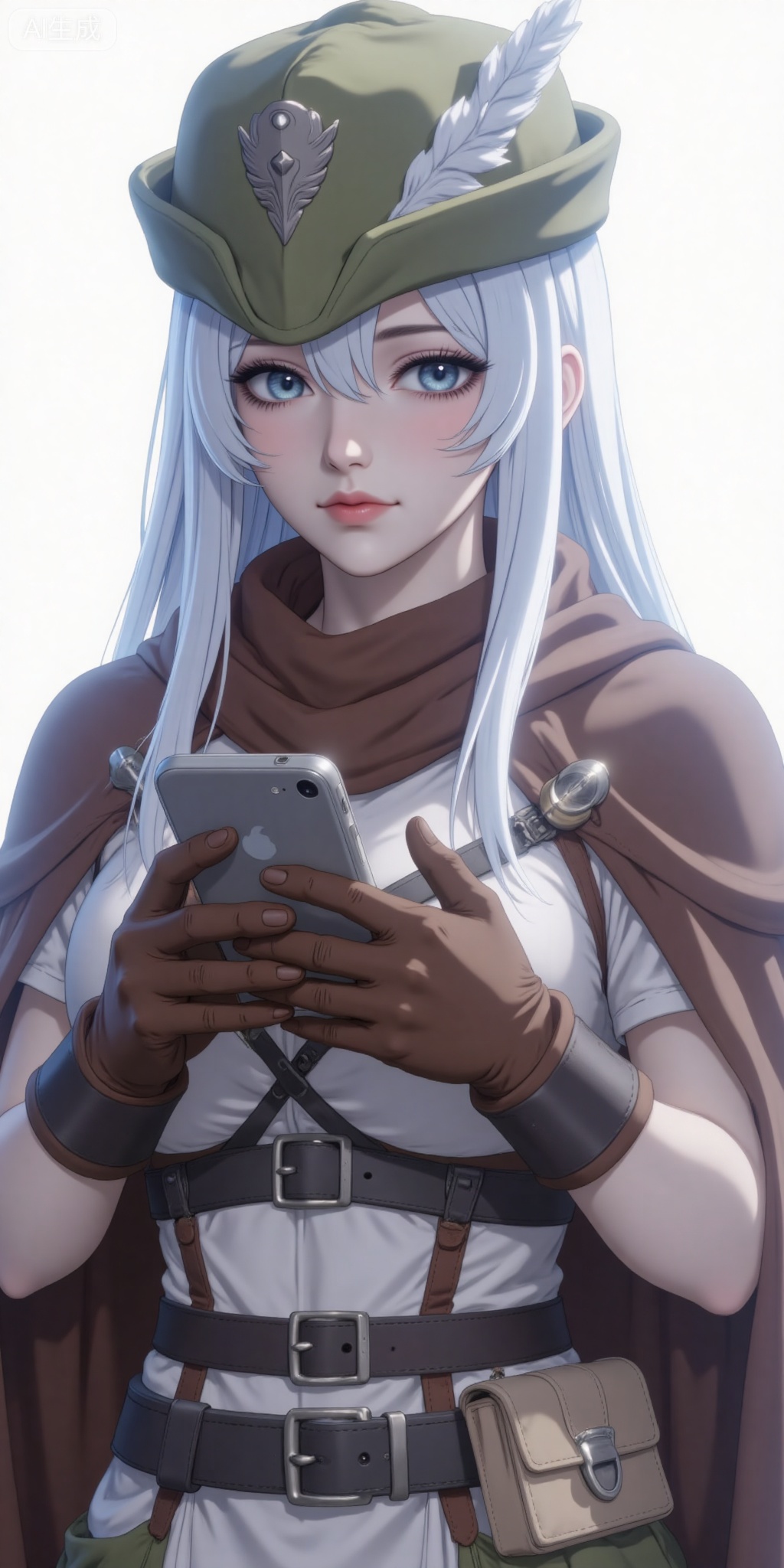 1girl, solo, long hair, blue eyes, gloves, hat, white hair, phone, cellphone, smartphone, brown gloves, holding phone