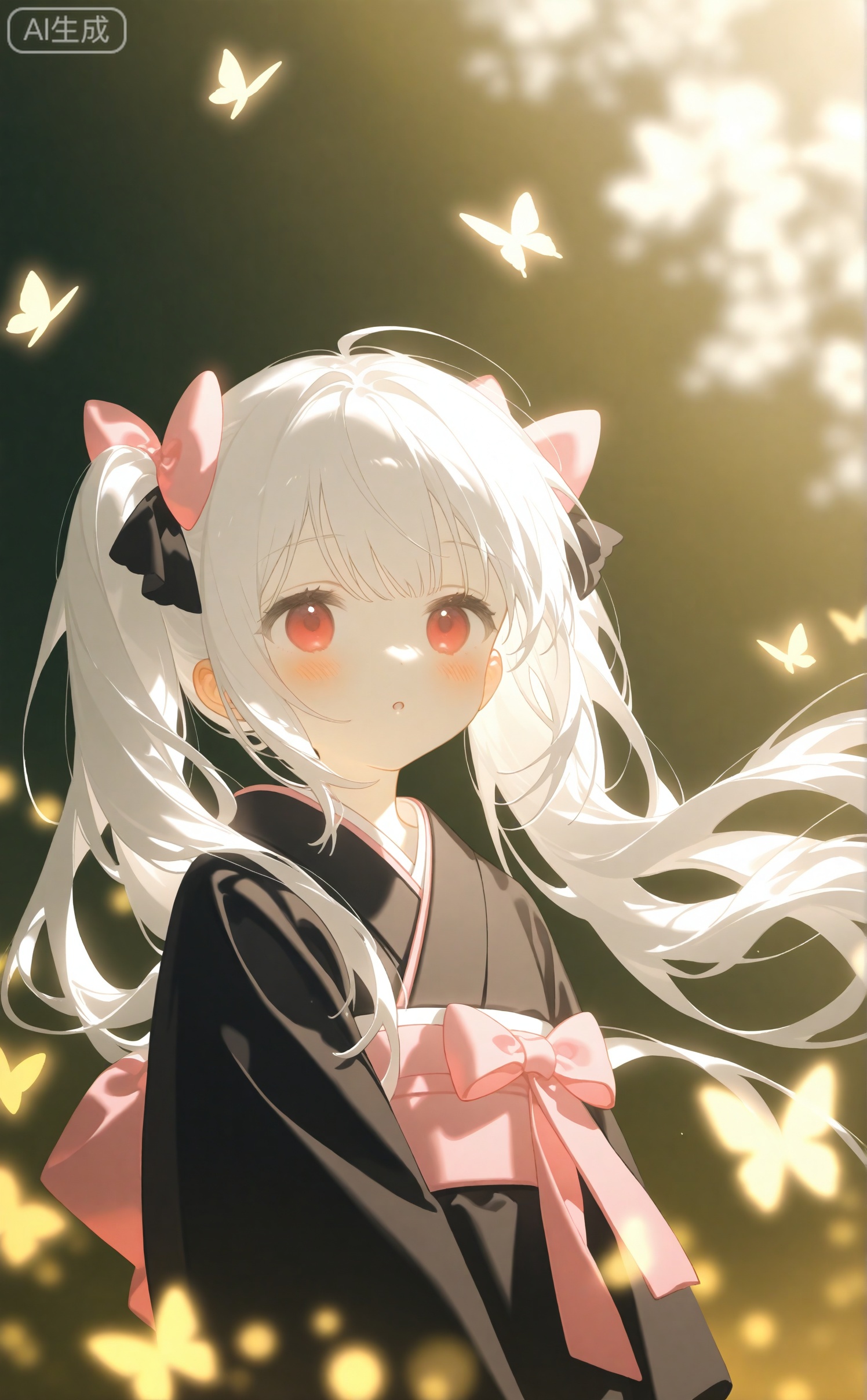 konya666,loli,1girl,solo,long hair,looking at viewer,blush,bangs,red eyes,long sleeves,bow,twintails,very long hair,upper body,white hair,hair bow,parted lips,japanese clothes,kimono,blurry,:o,black dress,black bow,floating hair,depth of field,animal,bug,pink bow,butterfly,black kimono,