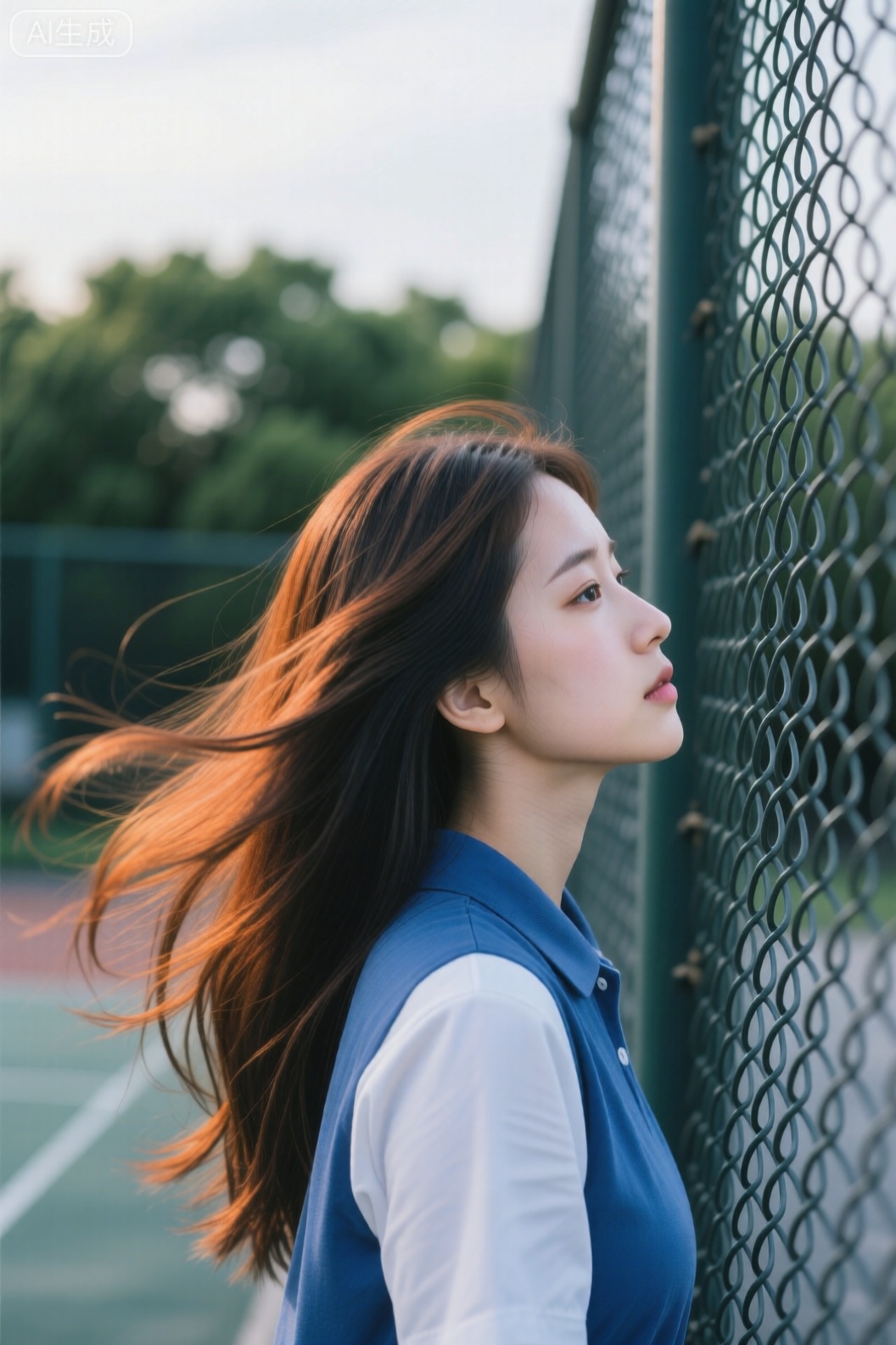 图片捕捉女性迎风伫立的瞬间,她长发飞扬,发丝边缘泛暖橙色光泽,身着蓝白上衣侧首远眺。左侧铁丝网切割画面空间,背景虚化的冷绿色树木与朦胧天空形成色调对比。构图通过动态发丝与静态铁丝网的冲突感,以及冷暖色调碰撞,传递出静谧中略带忧郁的复杂情绪。

