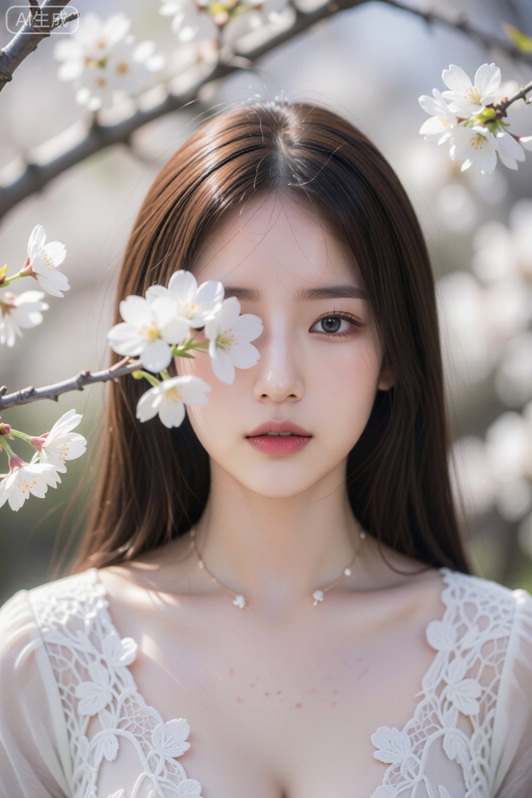 图片呈现女性与自然融合的朦胧美感,棕发女性身穿白色蕾丝上衣,精致花纹与散落长发相映成趣。她位于画面中心,面部被白色花枝部分遮挡,仅显露一侧眼眸,眼神沉静望向镜头。背景虚化的繁茂花枝与光斑营造梦幻效果,白色与棕色作为主色调,构图通过前景遮挡增强层次感,传递出优雅恬静的自然意境。

