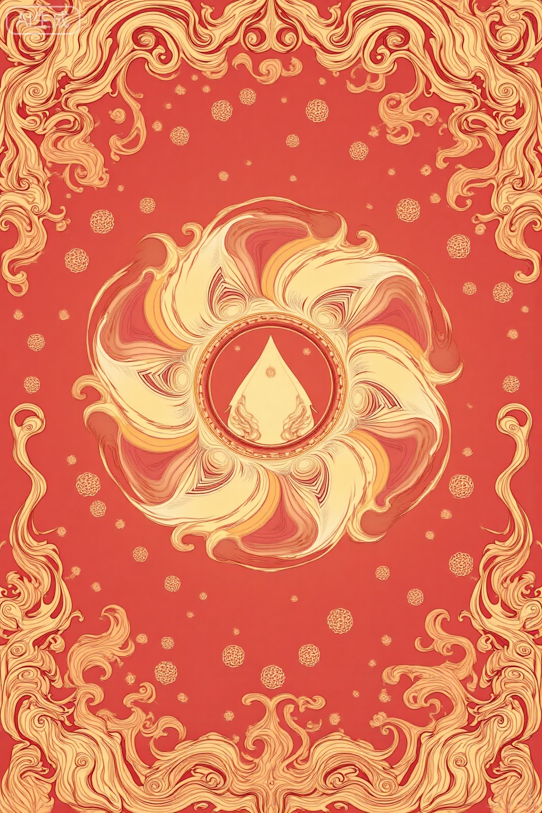  金箔岩彩,岩彩画,磨砂肌理绘画,一丝绸之路,一群骑着骆驼的人起伏的丝绸上行走,丝绸上有中国吉祥图案,祥云、宝相花图案。起伏的丝绸一直延伸到地平线,丝绸光滑,有质感,金黄色,俯瞰视角,微型景观,流动,光线追踪,细节,大量留白,红蓝绿金,线描插画