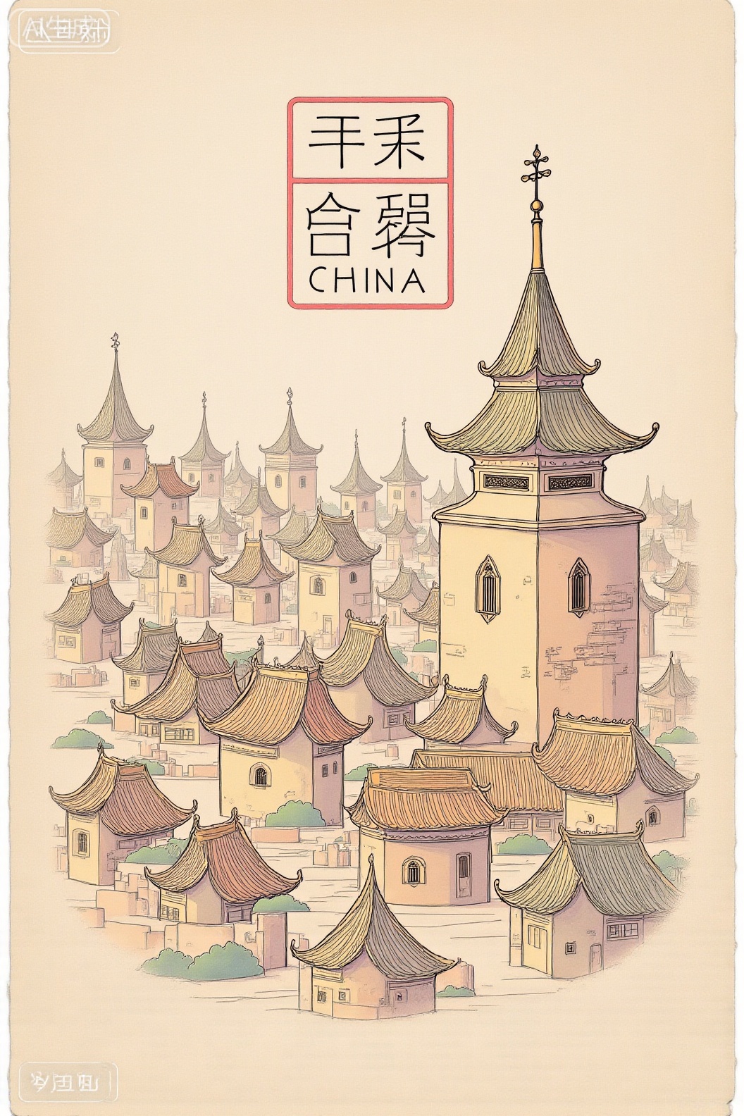 画面主体为城市鸟瞰线描图,主体是白色,中国现代地标建筑：鸟巢,东方明珠塔,广州小蛮腰,珠港澳大桥,搭配山水树木,道路上高铁,天上飞机,海里的轮船,公路上汽车,以极简线条勾勒,展现精致的空间层次与立体雕刻质感。上方印压英文字“CHINA”,采用优雅衬线字体,字宽约占画面宽度一半,具有明显的凹陷压印效果,细节精致,体现高级印纹触感。整体设计风格为极简主义,大面积留白,构图平衡,营造宁静而高端的视觉氛围。背景为乳白色,模拟高级纸张或哑光质感。柔光照明突出凹凸层次,画面细节干净纯粹,兼具印章与浮雕的艺术气息。高品质细节,32K超高清分辨率。线描插画