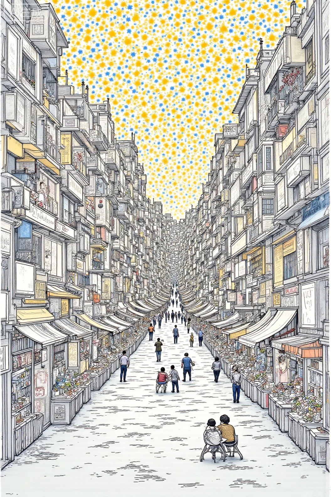  金箔岩彩,岩彩画,磨砂肌理绘画,一丝绸之路,一群骑着骆驼的人起伏的丝绸上行走,丝绸上有中国吉祥图案,祥云、宝相花图案。起伏的丝绸一直延伸到地平线,丝绸光滑,有质感,金黄色,俯瞰视角,微型景观,流动,光线追踪,细节,大量留白,红蓝绿金,线描插画