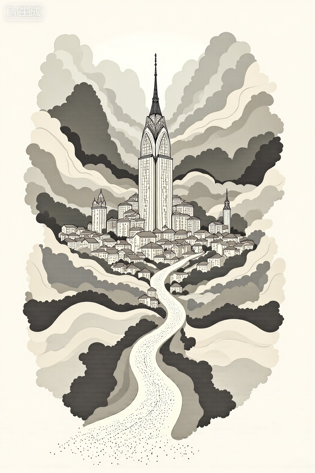  北京地标插画,故宫（明清皇宫）、天坛（明清祭天建筑群）、鸟巢（国家体育场）、水立方（国家游泳中心）、中国长城,融合宋代美学、金箔岩彩、超现实主义艺术风格。插画运用水墨晕染技法,线条水彩混成,呈现奇幻色彩和光影变化,具有丰富的层次感和立体感,大师级构图。线描插画