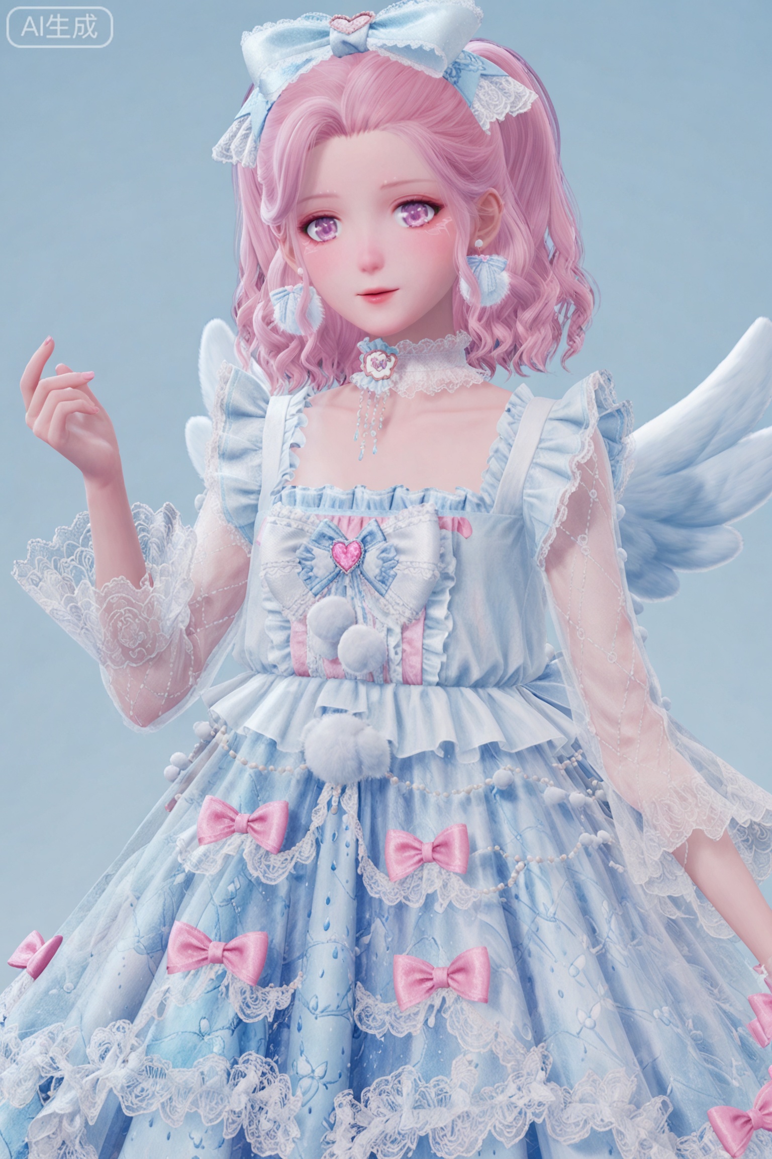 1girl, solo, looking at viewer, long sleeves, dress, bow, jewelry, pink hair, hair bow, earrings, frills, wings, choker, medium hair, pink eyes, see-through, blue dress, blue background, frilled dress, white bow, pink bow, see-through sleeves