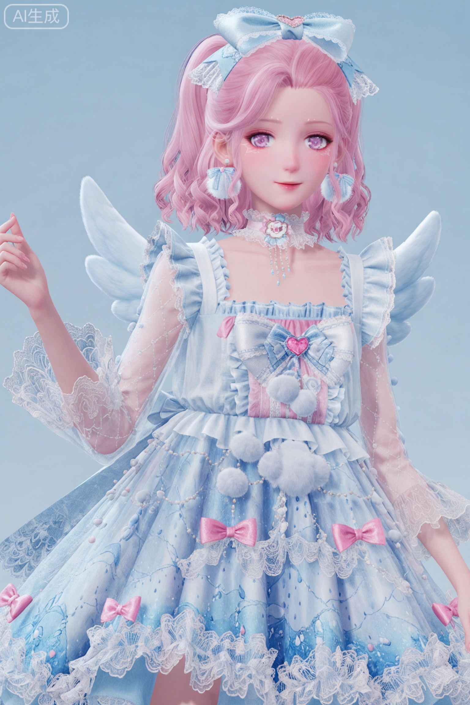 1girl, solo, looking at viewer, smile, long sleeves, dress, bow, jewelry, pink hair, hair bow, earrings, frills, wings, choker, medium hair, pink eyes, see-through, blue dress, blue background, frilled dress, white bow, pink bow, see-through sleeves