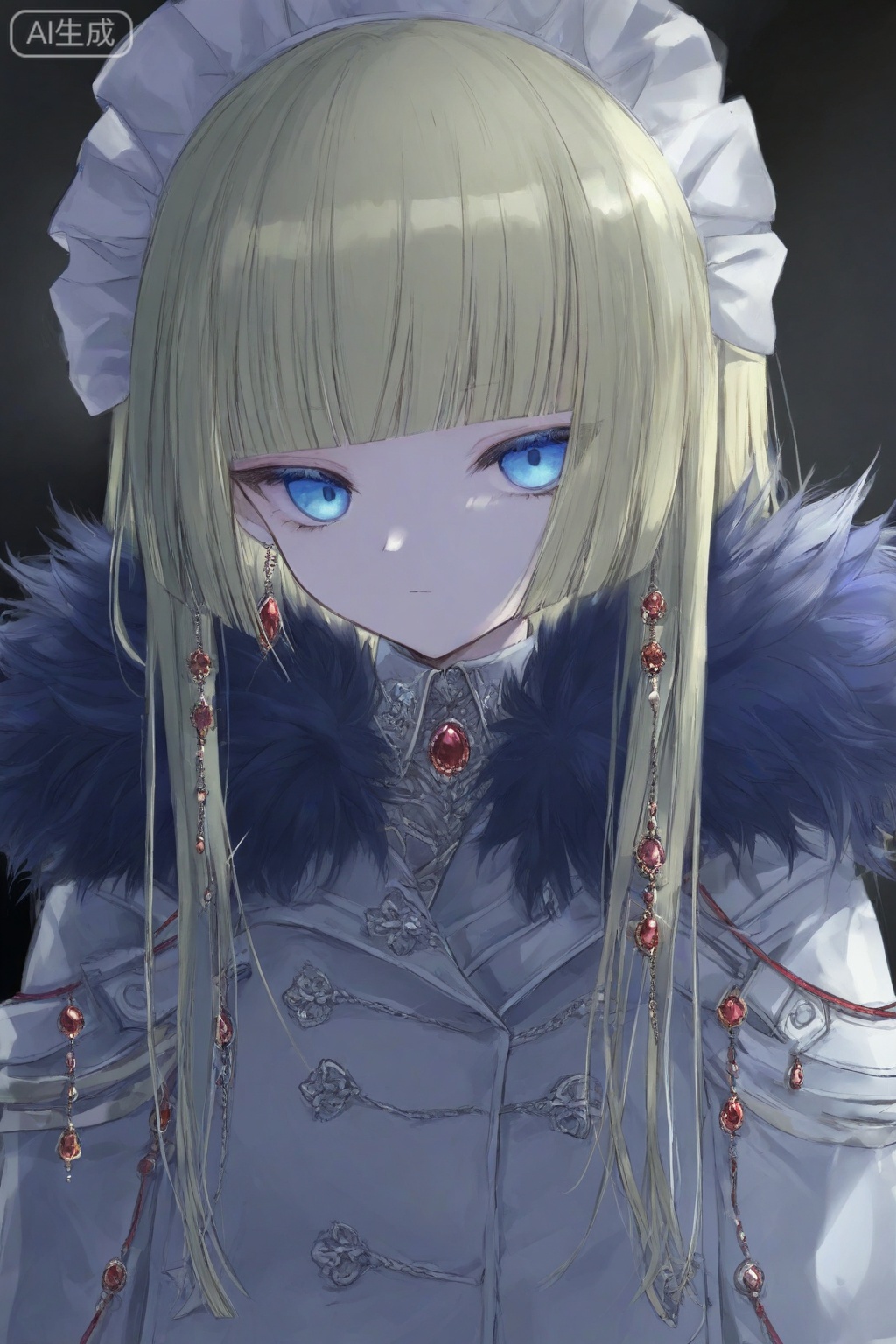 1girl

solo

looking at viewer

blue eyes

long sleeves

closed mouth

jewelry

upper body

yellow hair

blunt bangs

coat

fur trim

maid headdress

string

fur-trimmed coat

