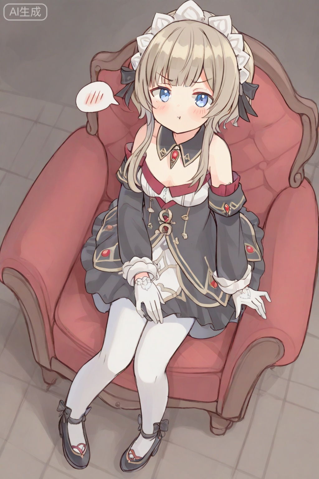masterpiece,4k,delicate beautiful face,blue eyes,tsundere,poutingannoyed,puffed cheeks,slight blush,
cute,adorable,Sandrone \(Genshin Impact\),solo,invisible chair,full body,pantyhose,dress,closed mouth,looking at viewer,black footwear,white pantyhose,short hair with long locks,black dress,sitting,long sleeves,bare shoulders,detached sleeves,breasts,maid headdress,frills,from_above,white gloves,