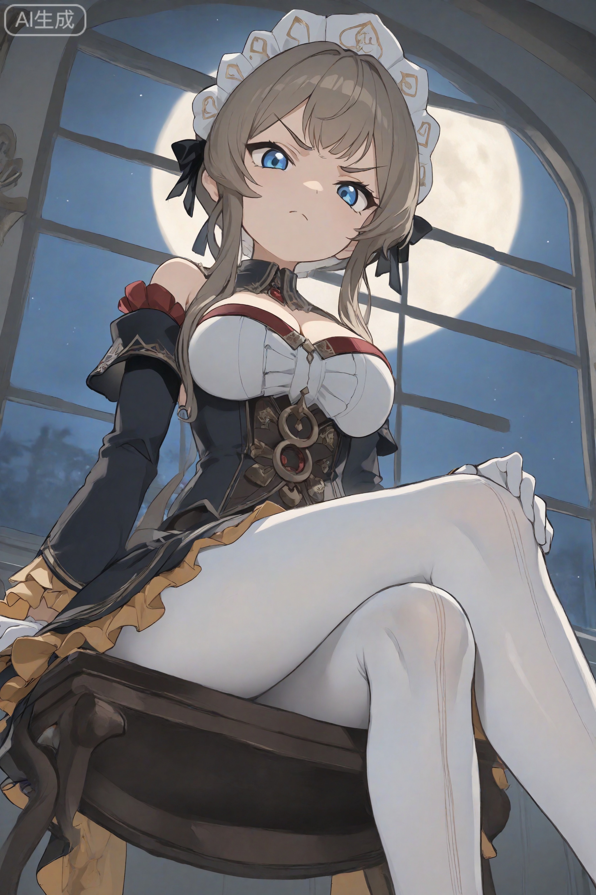 masterpiece,best quality,1girl,blue eyes,little girl,young,cute,solo,crossed legs,breasts,looking at viewer,sitting,pantyhose,detached sleeves,white pantyhose,cleavage,white gloves,indoors,dress,bare shoulders,window,closed mouth,moon,from below,sidelocks,large breasts,night,long sleeves,frills,feet out of frame,maid headdress,v-shaped eyebrows