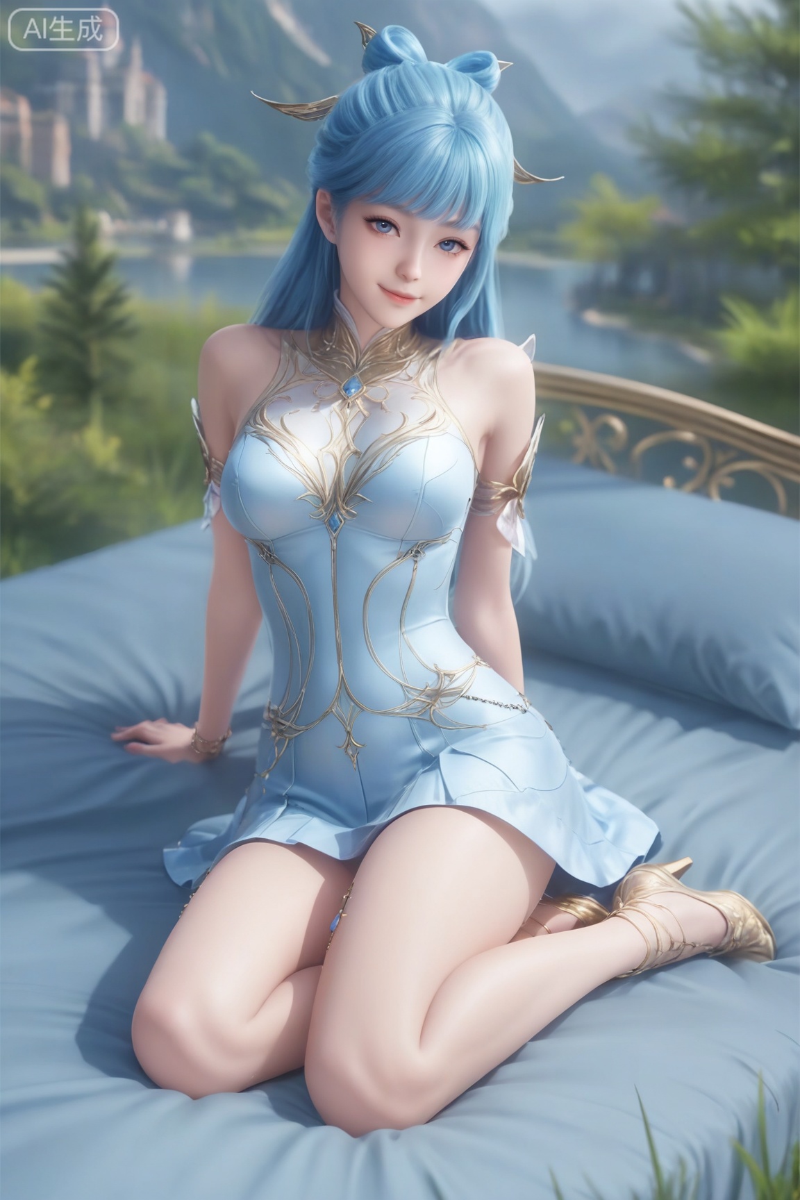 1girl, solo, long hair, breasts, looking at viewer, smile, bangs, blue eyes, hair ornament, dress, bare shoulders, closed mouth, blue hair, blurry, lips,full body,lying,bed, on bed, short dress realistic,
3d \(artwork\),Masterpiece, best quality, amazing quality, newest, very aesthetic, absurdres, (scenery:1.4), 8k, good anatomy, good shading, ultra detailed, refined details, high resolution, HD, masterwork,high detail ,Exquisite beauty, charming, 3D rendering,illustration,CG,