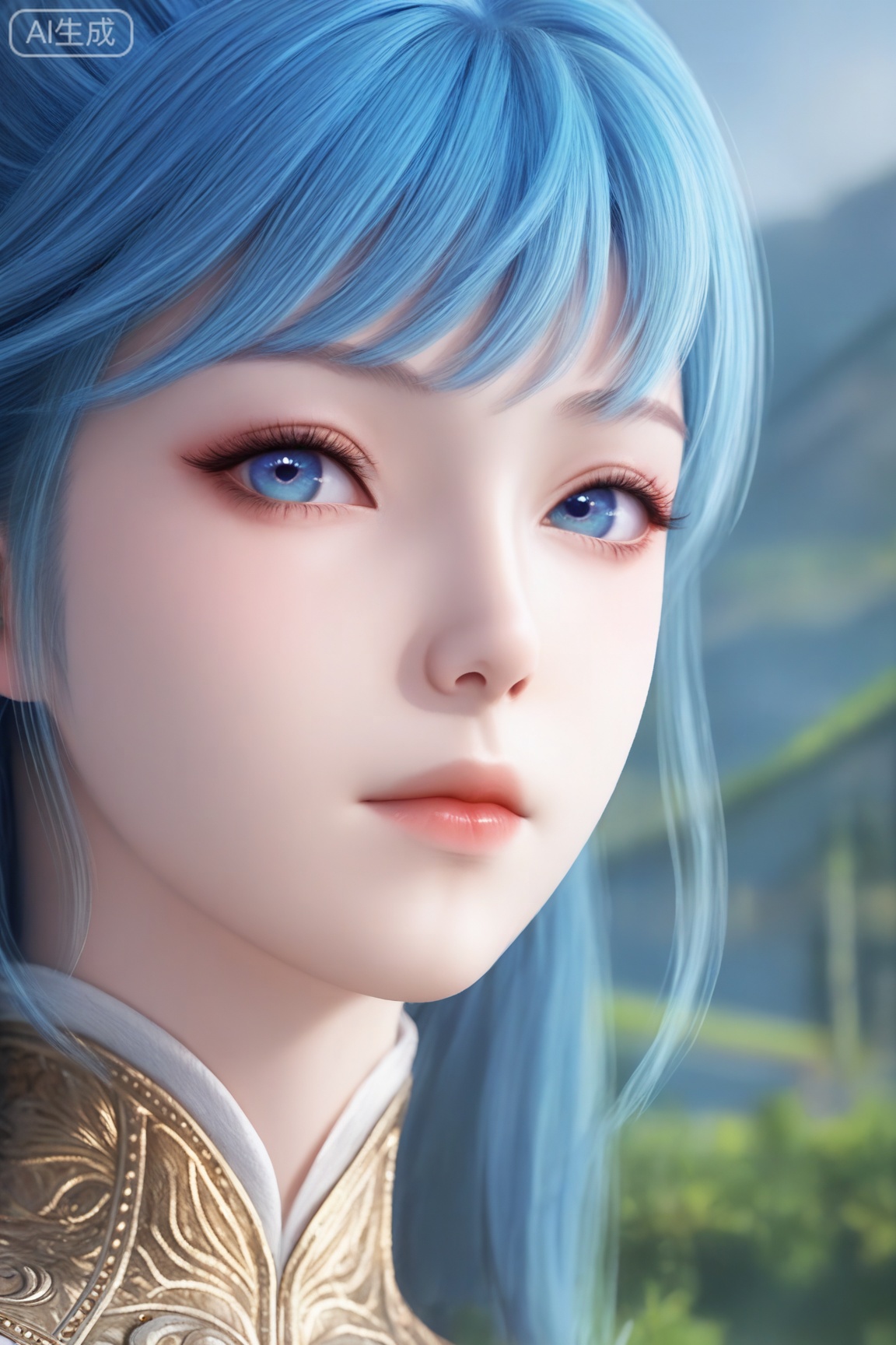 1girl, solo, long hair, looking at viewer, bangs, blue eyes, closed mouth, blue hair, lips, portrait, realistic,
3d \(artwork\),Masterpiece, best quality, amazing quality, newest, very aesthetic, absurdres, (scenery:1.4), 8k, good anatomy, good shading, ultra detailed, refined details, high resolution, HD, masterwork,high detail ,Exquisite beauty, charming, 3D rendering,illustration,CG,