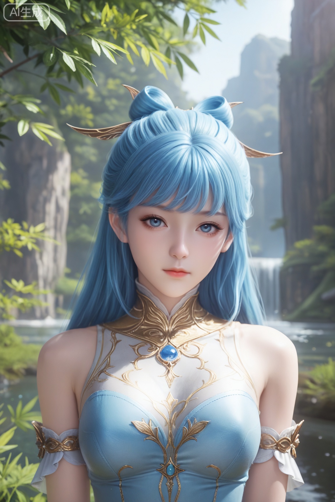 1girl, solo, long hair, breasts, looking at viewer, bangs, blue eyes, hair ornament, dress, bare shoulders, closed mouth, blue hair, upper body, blurry, lips, realistic,
3d \(artwork\),Masterpiece, best quality, amazing quality, newest, very aesthetic, absurdres, (scenery:1.4), 8k, good anatomy, good shading, ultra detailed, refined details, high resolution, HD, masterwork,high detail ,Exquisite beauty, charming, 3D rendering,illustration,CG,