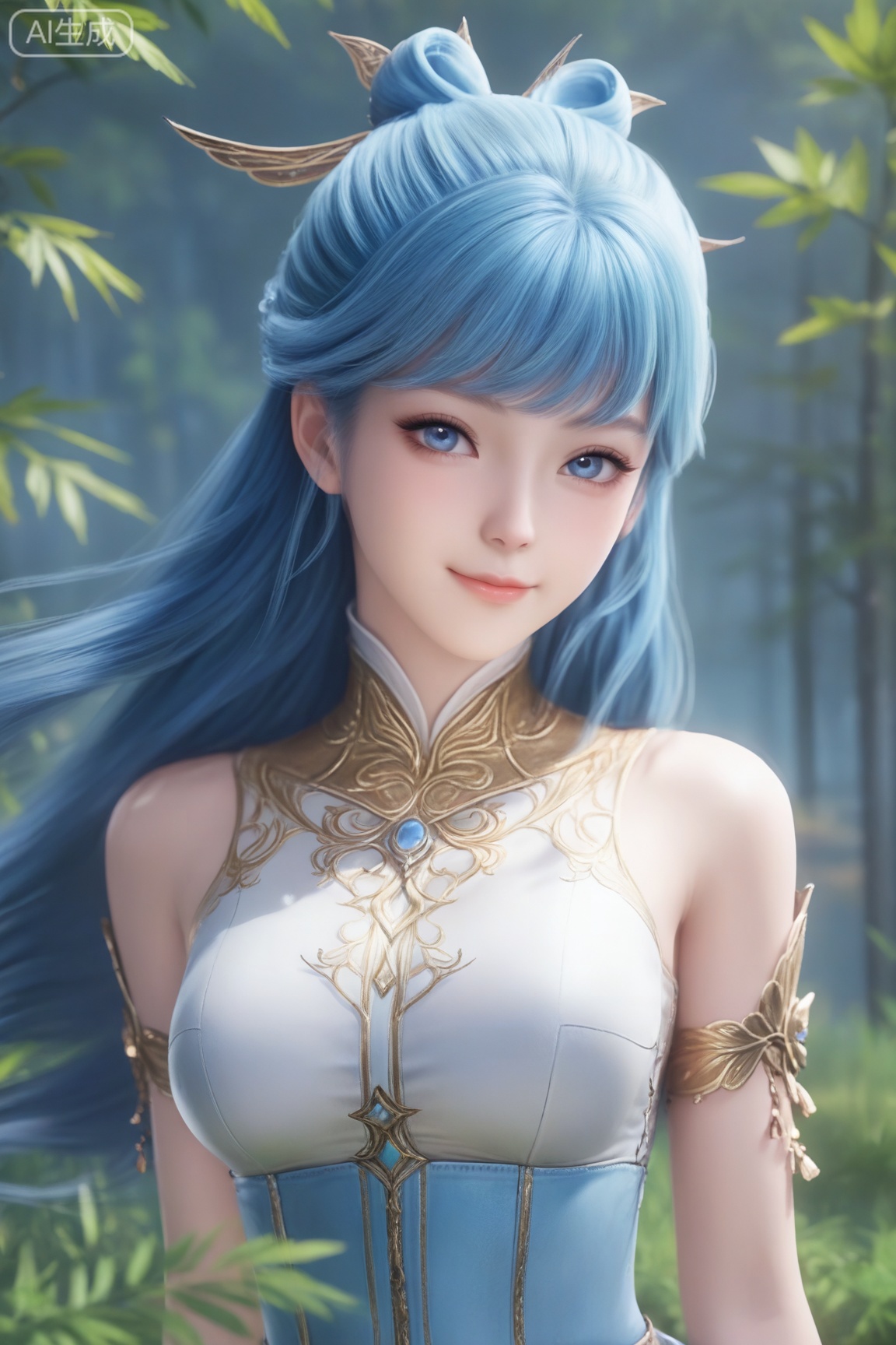 1girl, solo, long hair, breasts, looking at viewer, smile, bangs, blue eyes, hair ornament, dress, bare shoulders, closed mouth, blue hair, upper body, blurry, lips, realistic,
3d \(artwork\),Masterpiece, best quality, amazing quality, newest, very aesthetic, absurdres, (scenery:1.4), 8k, good anatomy, good shading, ultra detailed, refined details, high resolution, HD, masterwork,high detail ,Exquisite beauty, charming, 3D rendering,illustration,CG,