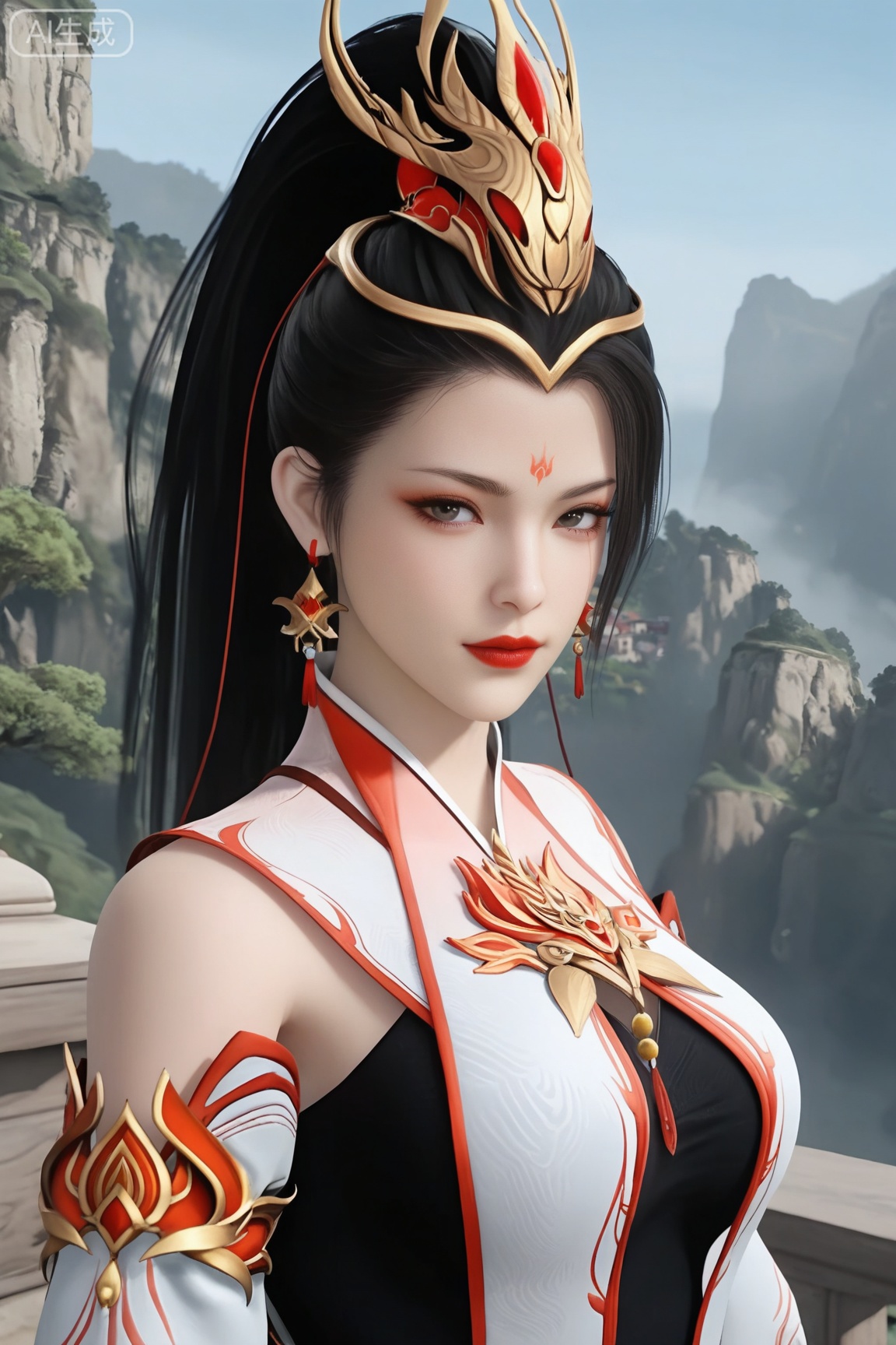 1girl, solo, long hair, breasts, looking at viewer,black hair, hair ornament, dress,  jewelry, upper body, ponytail, earrings, detached sleeves,forehead mark, red lips, realistic,
3d \(artwork\),Masterpiece, best quality, amazing quality, newest, very aesthetic, absurdres, (scenery:1.4), 8k, good anatomy, good shading, ultra detailed, refined details, high resolution, HD, masterwork,high detail ,Exquisite beauty, charming, 3D rendering,illustration,CG,