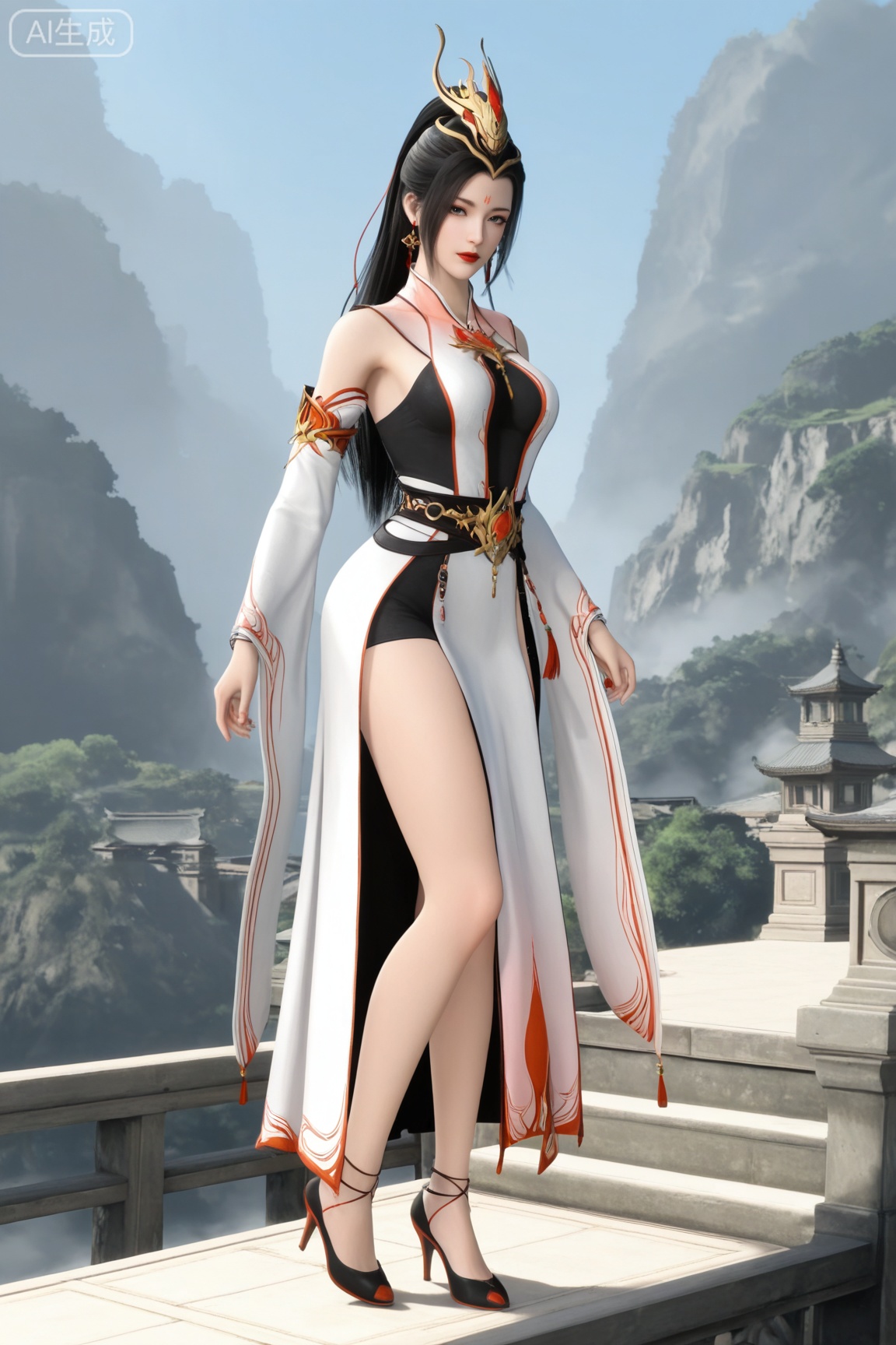 1girl, solo, long hair, breasts, looking at viewer,black hair, hair ornament, dress,  jewelry, full body, earrings, detached sleeves,forehead mark, red lips, high heels,realistic,
3d \(artwork\),Masterpiece, best quality, amazing quality, newest, very aesthetic, absurdres, (scenery:1.4), 8k, good anatomy, good shading, ultra detailed, refined details, high resolution, HD, masterwork,high detail ,Exquisite beauty, charming, 3D rendering,illustration,CG,