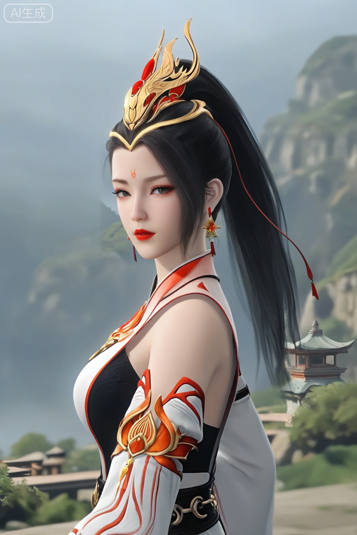 1girl, solo, long hair, breasts, looking at viewer,black hair, hair ornament, dress, bare shoulders, jewelry, upper body, ponytail, earrings, detached sleeves,forehead mark, red lips, realistic,
3d \(artwork\),Masterpiece, best quality, amazing quality, newest, very aesthetic, absurdres, (scenery:1.4), 8k, good anatomy, good shading, ultra detailed, refined details, high resolution, HD, masterwork,high detail ,Exquisite beauty, charming, 3D rendering,illustration,CG,