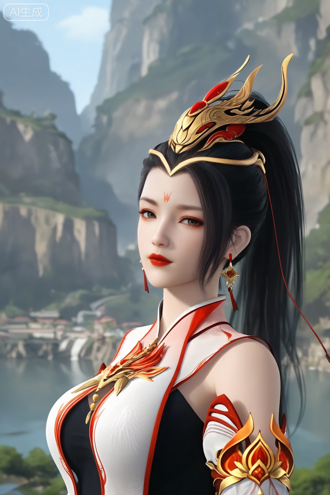 1girl, solo, long hair, breasts, looking at viewer,black hair, hair ornament, dress,  jewelry, upper body, ponytail, earrings, detached sleeves,forehead mark, red lips, realistic,
3d \(artwork\),Masterpiece, best quality, amazing quality, newest, very aesthetic, absurdres, (scenery:1.4), 8k, good anatomy, good shading, ultra detailed, refined details, high resolution, HD, masterwork,high detail ,Exquisite beauty, charming, 3D rendering,illustration,CG,