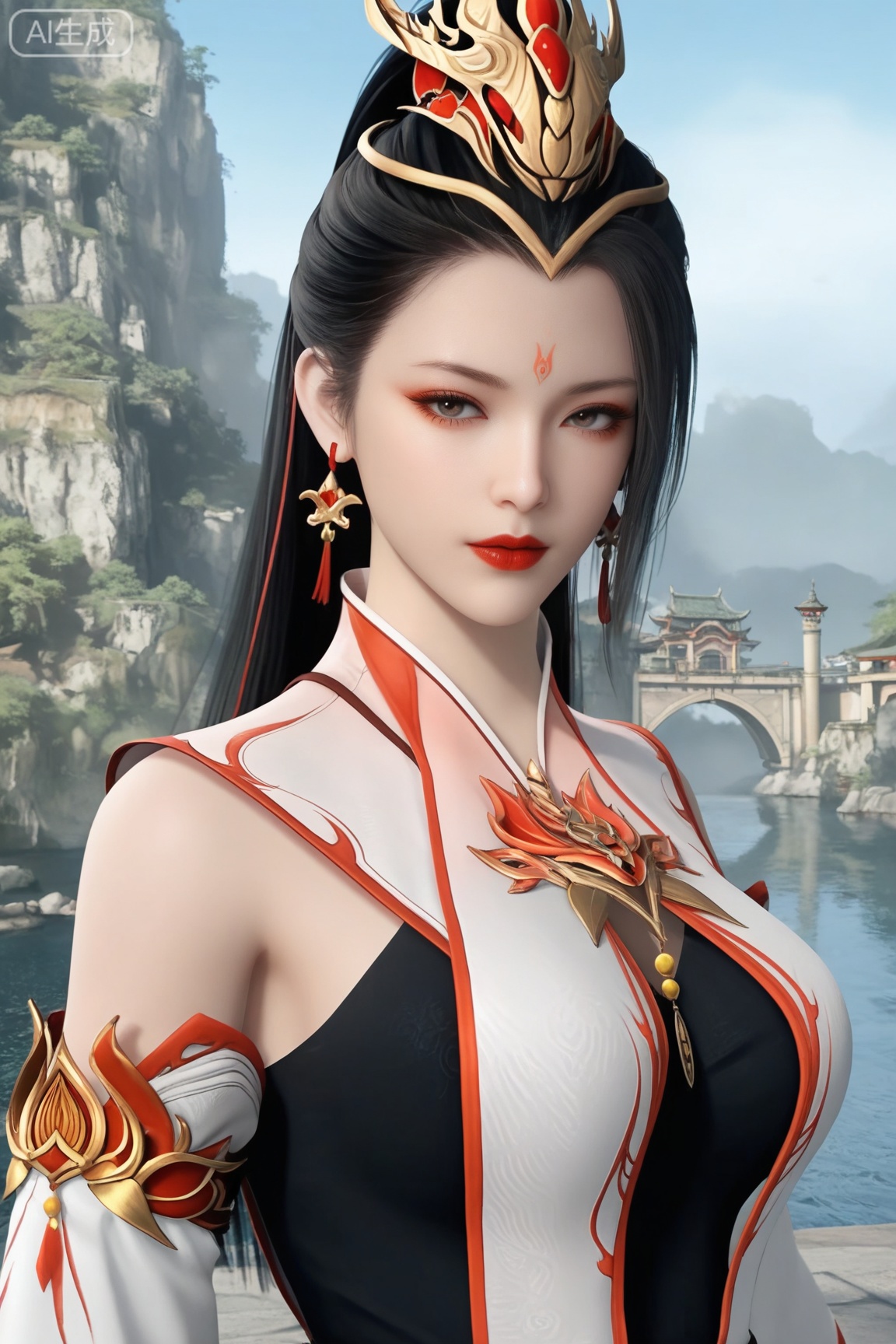 1girl, solo, long hair, breasts, looking at viewer,black hair, hair ornament, dress,  jewelry, upper body, earrings, detached sleeves,forehead mark, red lips, realistic,
3d \(artwork\),Masterpiece, best quality, amazing quality, newest, very aesthetic, absurdres, (scenery:1.4), 8k, good anatomy, good shading, ultra detailed, refined details, high resolution, HD, masterwork,high detail ,Exquisite beauty, charming, 3D rendering,illustration,CG,
