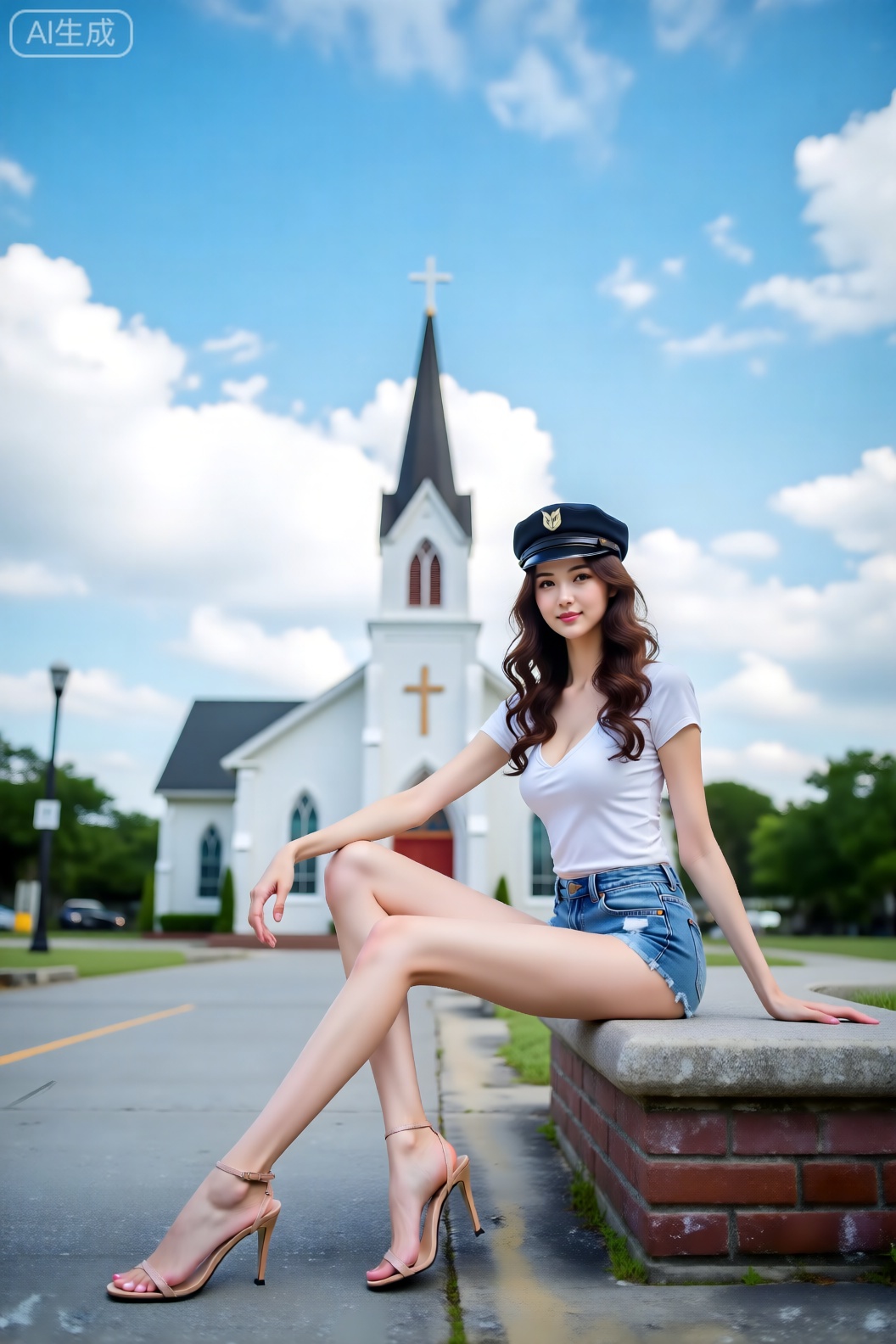 Tall and slim,full body,blue sky with clouds,no humans,poster,wavy_hair,denim shorts,high heeled sandals,areola_slip,cabbie_hat,church,casual wear,lens 135mm,f1.8,sitting on the ground,
