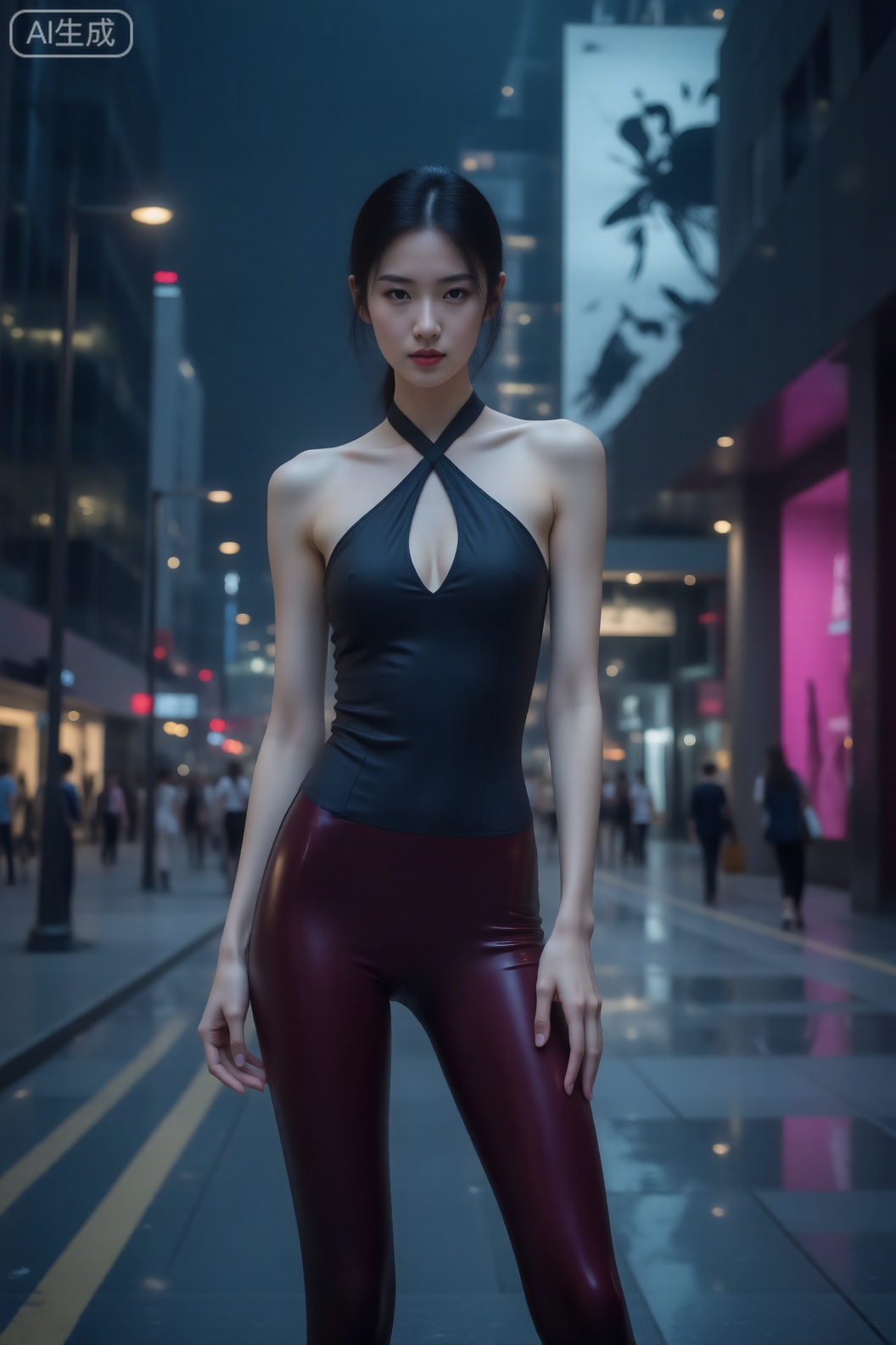 1girl,asian,solo,pretty,charming,exquisite facial features,halter dress,pantyhose,model pose,romantic realism, atmospheric, award winning artwork,ink wash painting background, magnificent, ,dimly lit,city,outdoors,masterpiece, realistic, best quality, highly detailed,profession, creative, glowing,cyberpunk,dynamic