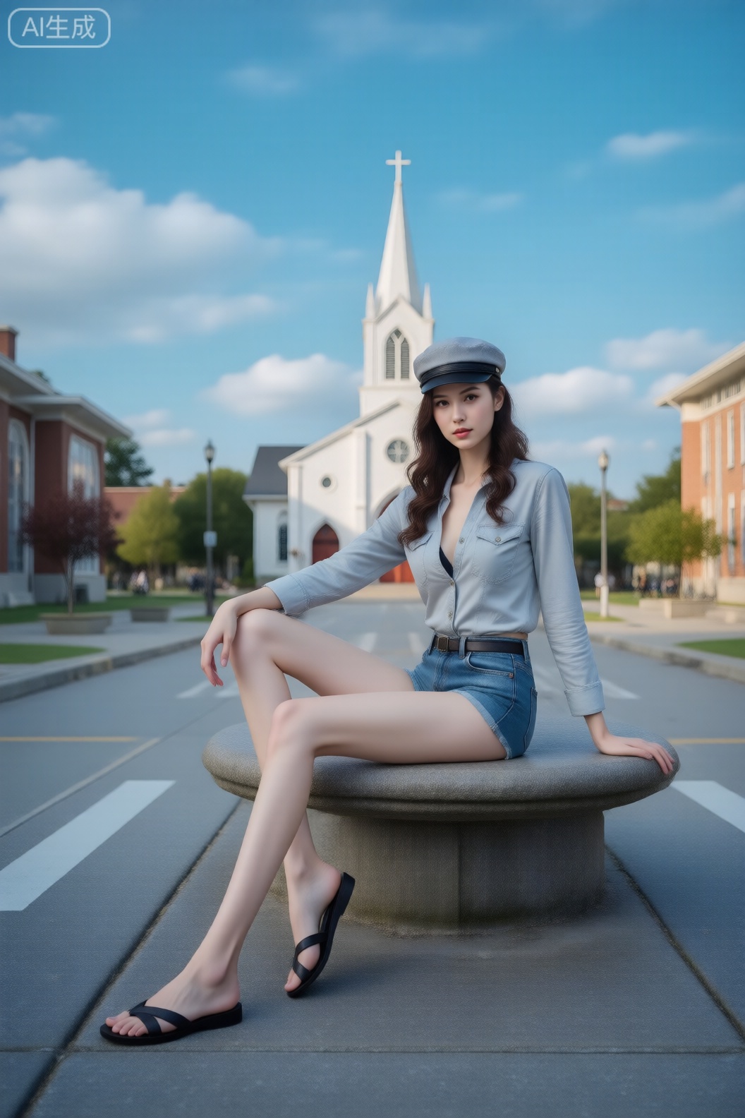 Tall and slim,full body,blue sky with clouds,no humans,poster,wavy_hair,denim shorts,high heeled sandals,areola_slip,cabbie_hat,church,casual wear,lens 135mm,f1.8,sitting on the ground,Tall and slim,
