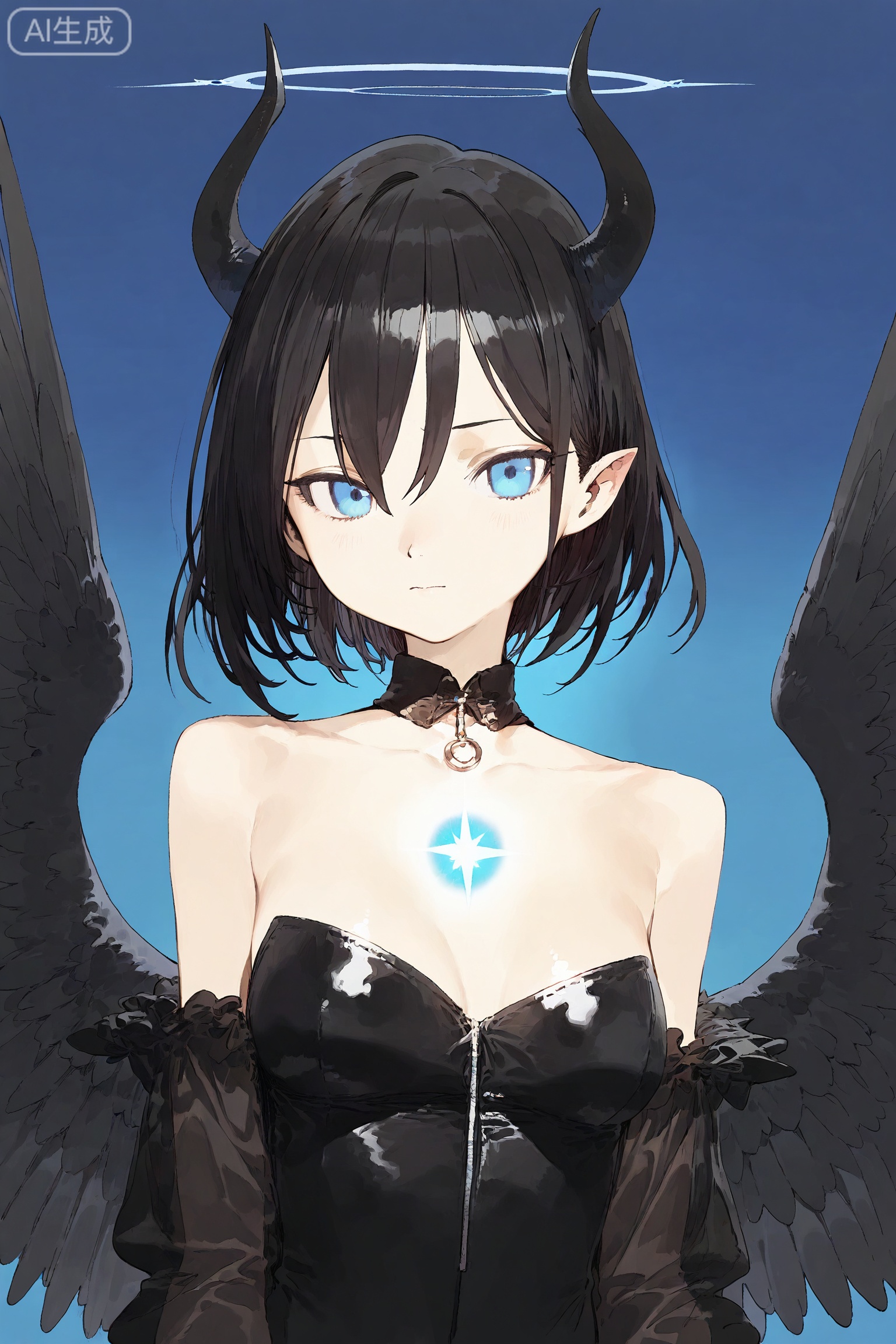 1girl, solo, horns, wings, solo, blue eyes, looking at viewer, black hair, breasts, short hair, upper body, hair between eyes, feathered wings, closed mouth, halo, glowing, bare shoulders, bangs,SharkLJ,(pakosun:0.8), modare, artist: modare, abara heiki, (ciloranko:0.8),