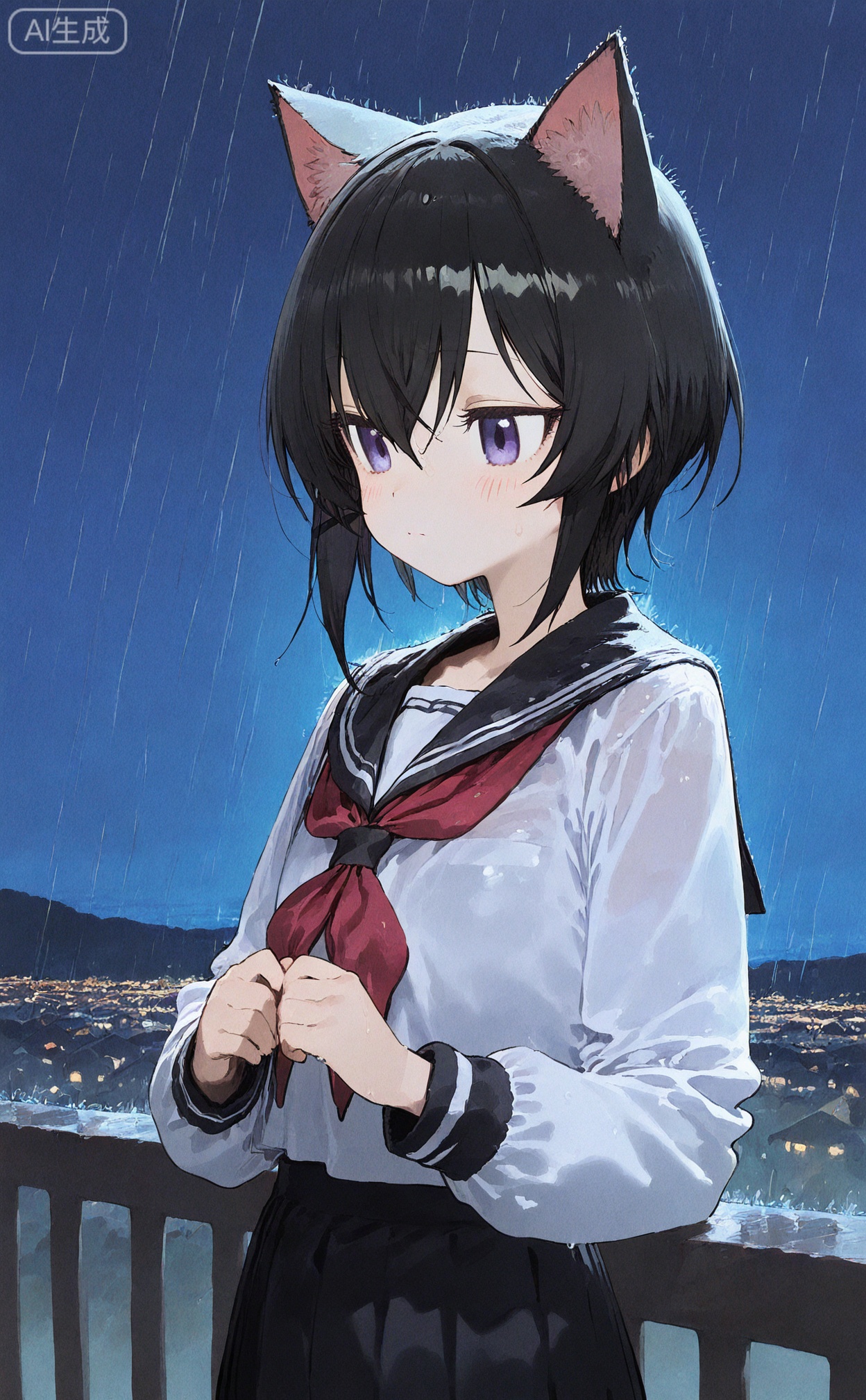 masterpiece,highres,absurdres,newest,best quality,petite,high quality,chromatic_aberration, SharkLJ, 
//,
animal_ears, 1girl, black_hair, sailor_collar, solo, short_hair, cat_ears, school_uniform, serafuku, black_sailor_collar, upper_body, rain, shirt, white_shirt, long_sleeves, night, closed_mouth, scenery, bangs, (pakosun:0.8), modare, artist: modare, abara heiki,
//,
(pakosun:0.8), modare, artist: modare, abara heiki, (ciloranko:0.8), 