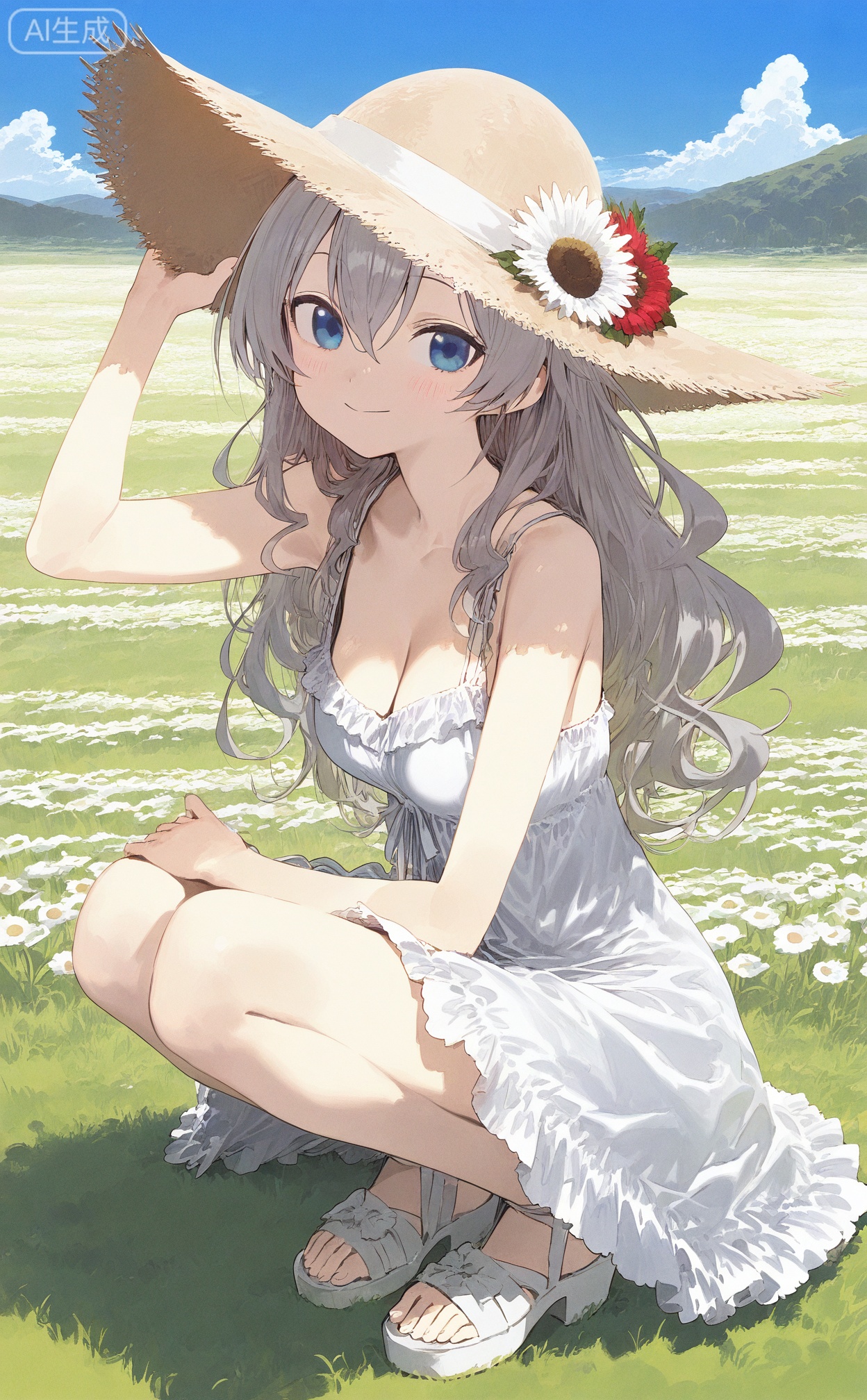 masterpiece,highres,absurdres,newest,best quality,loli,petite,high quality,chromatic_aberration,
SharkLJ, //,
1girl, solo, long hair, breasts, looking at viewer, blush, smile, bangs, blue eyes, hat, dress, cleavage, hair between eyes, bare shoulders, medium breasts, closed mouth, collarbone, flower, grey hair, small breasts, outdoors, day, white dress, arm up, sleeveless dress, wavy hair, sandals, squatting, white footwear, grass, white flower, red flower, sun hat, straw hat, hat flower, hand on headwear, field, flower field, 
//,
(pakosun:0.8), modare, artist: modare, abara heiki, (ciloranko:0.8), 