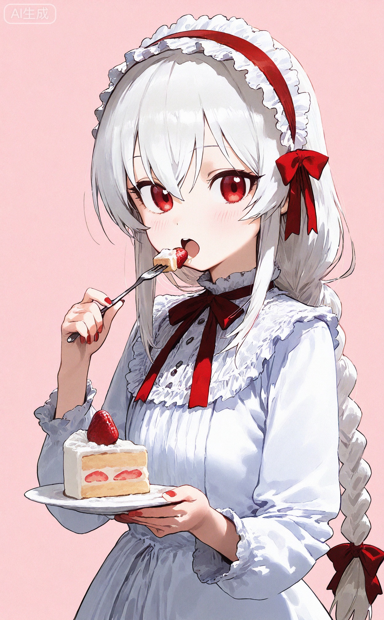 masterpiece,highres,absurdres,newest,best quality,loli,petite,high quality,chromatic_aberration,
SharkLJ, //,
1girl, food, strawberry, fruit, braid, cake, strawberry shortcake, solo, red eyes, fork, plate, lolita hairband, cake slice, holding, white hair, blush, long hair, holding fork, holding plate, looking at viewer, dress, red nails, lolita fashion, open mouth, bow, nail polish, upper body, ribbon, eating, hairband, white dress, single braid, red bow, long sleeves, frills, red ribbon, hair bow, pink background
//,
(pakosun:0.8), modare, artist: modare, abara heiki, (ciloranko:0.8), 