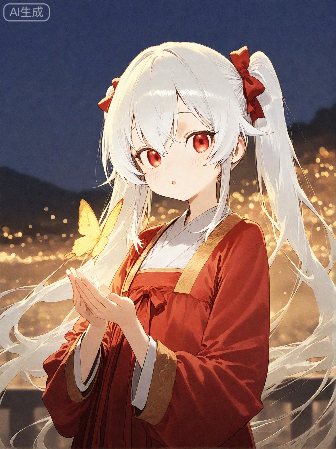 masterpiece,best quality,high quality,loli,chromatic_aberration,//, (pakosun:0.8), modare, abara heiki, (ciloranko:0.8), SharkLJ, night,1girl,solo,long hair,looking at viewer,blush,bangs,red eyes,long sleeves,twintails,very long hair,upper body,white hair,hair bow,parted lips,hanfu,Red Hanfu,blurry,:o,floating hair,depth of field,animal,bug,butterfly,//,//,official art,depth of field,detailed light,blurry background,cinematic lighting,ray tracing,ultra detailed,god rays,backlighting,photo background,film grain,chromatic aberration,volumetric lighting,depth of field,blurry background,shiny skin,floating hair,cinematic lighting,day,very aesthetic, 