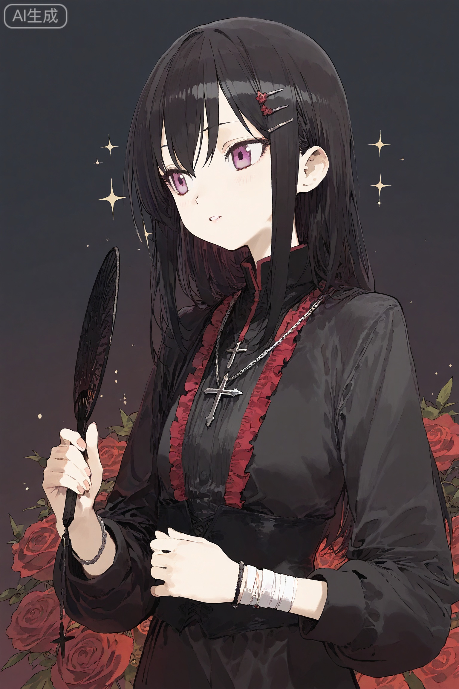 SharkLJ, 1girl, solo, long black hair with wispy bangs, gradient black-pink eyes, domineering look, hair ornament (black star crystal + silver chain), holding a black lace fan, upper_body, black long sleeves with red frills, cross pendant necklace, sparkle_background (black with red starlets), bandage (white) on wrist, red lips, simple background (gradient black-pink), hair clip (red rose), (pakosun:0.8), modare, artist: modare, abara heiki, (ciloranko:0.8),