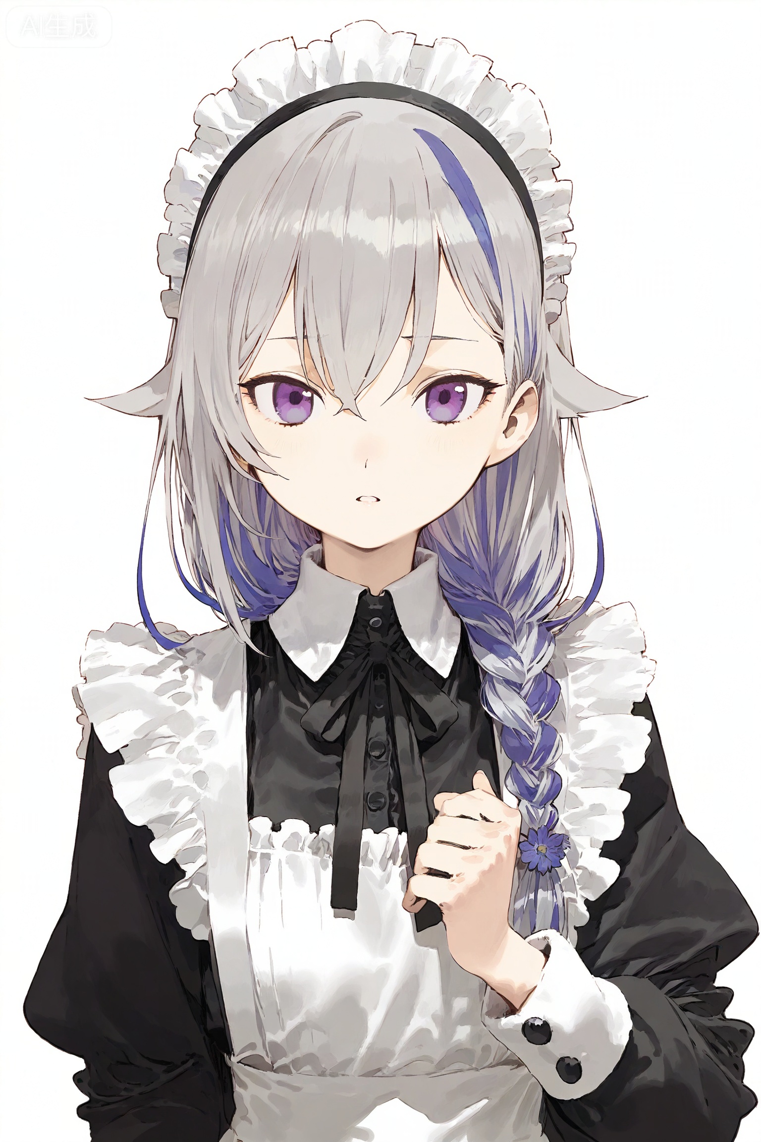 1girl, solo, long hair, looking at viewer, bangs, simple background, hair ornament, white background, dress, purple eyes, upper body, braid, flower, grey hair, multicolored hair, frills, parted lips, signature, apron, maid, maid headdress, maid apron,SharkLJ,(pakosun:0.8), modare, artist: modare, abara heiki, (ciloranko:0.8),