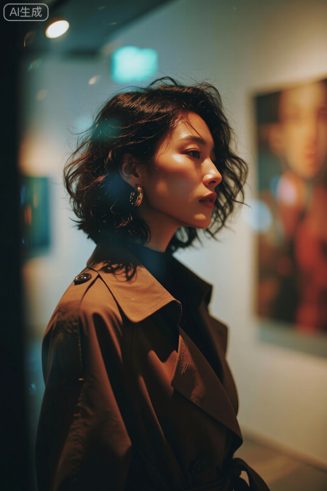 一位留着微卷中短发的女性,侧脸露出,神情带着淡淡的沉思感。她穿着深棕色翻领风衣,金色环形耳环精致亮眼。背景是现代艺术画廊,墙面挂着抽象画作,冷调的LED 灯光与暖调的射灯交织。光线为冷暖交织的人工光,营造出艺术感与氛围感兼具的效果,渲染出文艺又疏离的氛围。色彩以深棕、冷灰与画作的亮色点缀为主,采用近景构图,从平行角度拍摄。使用艺术感滤镜,以富士GFX100II 相机搭配GF 110mm f/2 镜头,快门速度1/100s,光圈f/2.2,焦段110mm。。繁花风格写真。