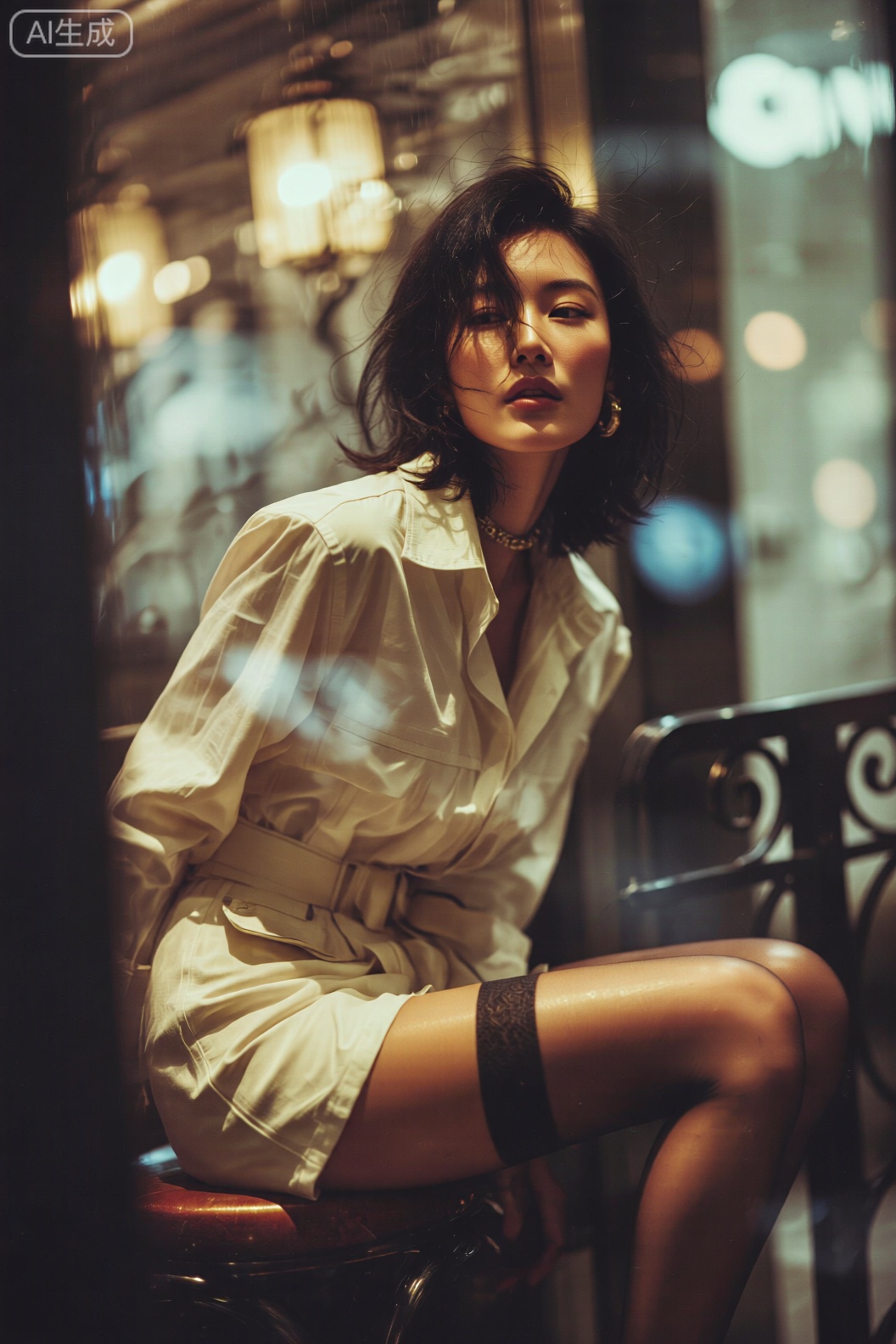 一位女性留着蓬松的中长卷发,发丝被暖光吹得微微拂动。她身着鹅黄色缎面连衣裙,裙摆处有黑色蕾丝花纹,与背景的黑色铁艺栏杆形成对比。背景是弄堂里的昏黄路灯,暖光在地面投下圆形光斑,冷调的月光从巷口渗入,光斑与阴影在地面交织成网状光影。光线为暖调路灯的散射光,叠加冷调月光的轮廓光,渲染出温柔又寂寥的氛围。色彩以鹅黄、暖棕、冷灰为主,采用近景构图,从平视角度拍摄,让人物与弄堂光影紧密融合。使用柔焦电影滤镜,以Panavision DXL2 相机搭配Primo 70mm 镜头,快门速度1/80s,光圈f/2.5,焦段70mm,营造细腻光影与怀旧感。。繁花风格写真。