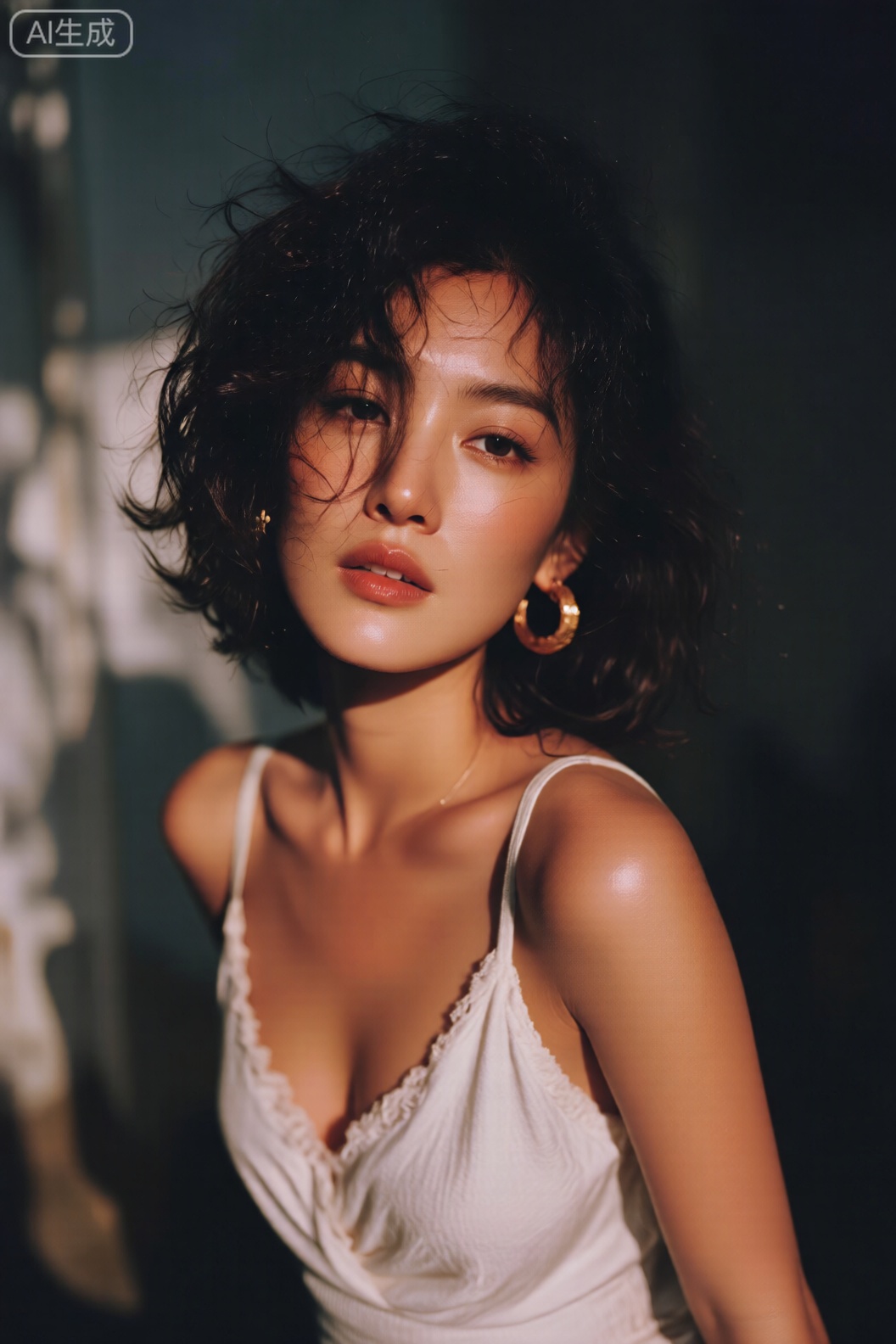 光影写真,  一位女性身着白色服饰,  发丝随风飘动 on Tensor.Art