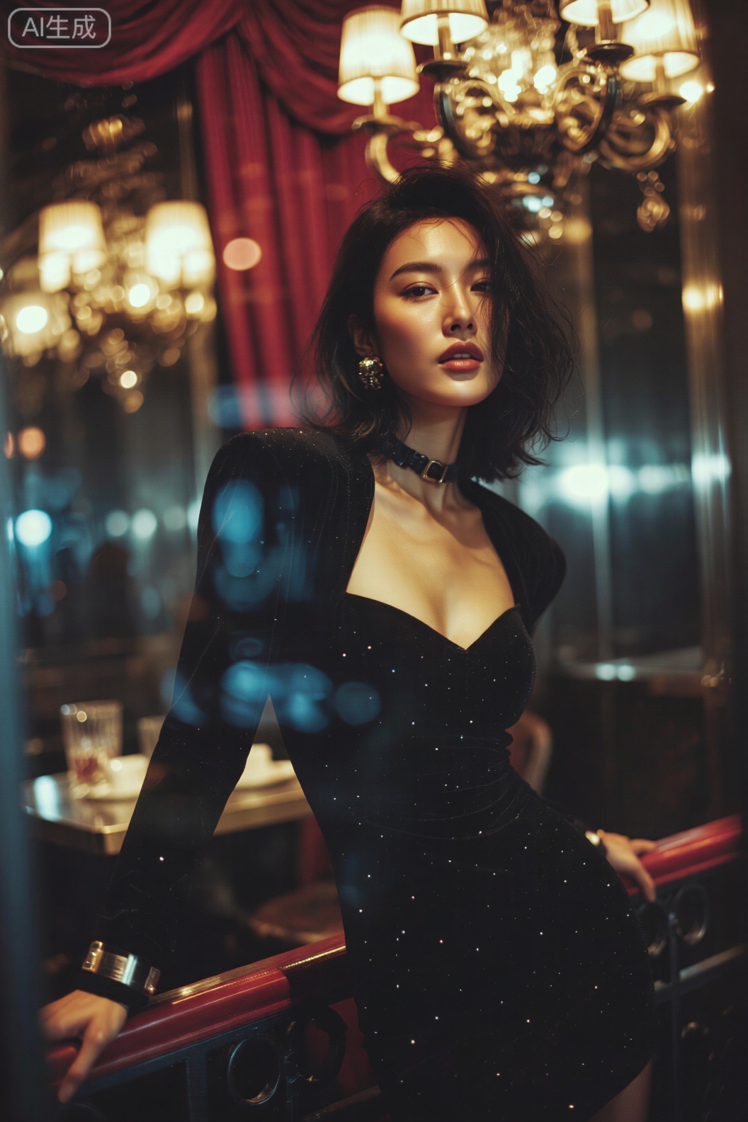 一位面容精致的女性,留着复古的齐肩卷发,每一丝卷发都在灯光下闪烁着迷人的光泽。她的眼睛深邃而明亮,嘴唇涂着复古的红色口红,散发出一种典雅的气质。身着一件黑色丝绒晚礼服,礼服上镶嵌着细碎的水钻,随着她的动作微微闪烁。背景是老上海风格的豪华舞厅,红色的天鹅绒幕布、金色的雕花装饰以及复古的水晶吊灯。暖黄色的灯光从吊灯洒下,在地面形成明亮的光斑,同时,蓝色的霓虹灯带沿着舞池边缘布置,蓝色冷光与暖黄色灯光相互交织,营造出梦幻而迷离的氛围。人物处在暖光与冷光的交汇处,面部主要受暖光照射,凸显出五官的立体感,而身体一侧被蓝色冷光勾勒出轮廓,形成鲜明的冷暖对比。这种光影设计增强了画面的层次感和戏剧感,仿佛将人带入《繁花》中纸醉金迷的夜上海。色彩上以黑、红、金为主色调,搭配蓝色冷光作为点缀,更显奢华与神秘。采用中景构图,从斜侧方拍摄,既能展现女性优雅的姿态,又能融入舞厅的背景环境。使用具有颗粒感的复古电影滤镜,以ARRI Alexa 65 相机搭配Master Prime 50mm 镜头,快门速度1/80s,光圈f/2.0,焦段50mm,进一步营造出电影般的质感与氛围。。繁花风格写真。