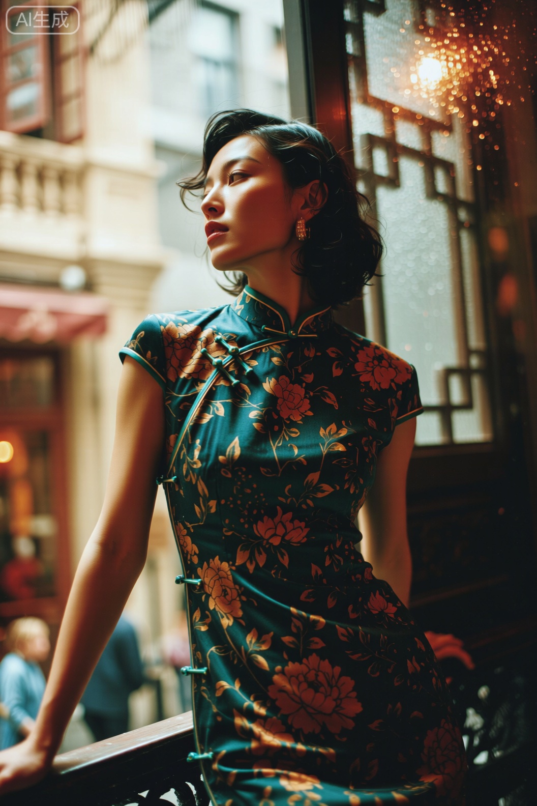 一位瓜子脸的女模特,眉眼细长且含情,双唇微张似欲诉说。她留着一头精致复古的黑色卷发,发尾微微上翘。身着一件墨绿色丝绒旗袍,旗袍上绣满了金银丝线勾勒的牡丹,每一朵都娇艳欲滴。她身处老上海弄堂的亭子间,窗外是繁花簇拥的石库门建筑,阳光透过雕花的木窗棂,洒下斑驳光影。暖黄色的主光,搭配青色的冷光阴影,渲染出旧时光的韵味。色彩以墨绿、金黄、绯红为主,交织出浓郁的复古氛围。采用中景构图,从斜下方仰拍,展现女模特的身姿与弄堂背景。使用带有颗粒感的复古电影滤镜,以索尼Venice 相机搭配徕卡Summilux - C 50mm 镜头,快门速度1/100s,光圈f/2.0,焦段50mm,