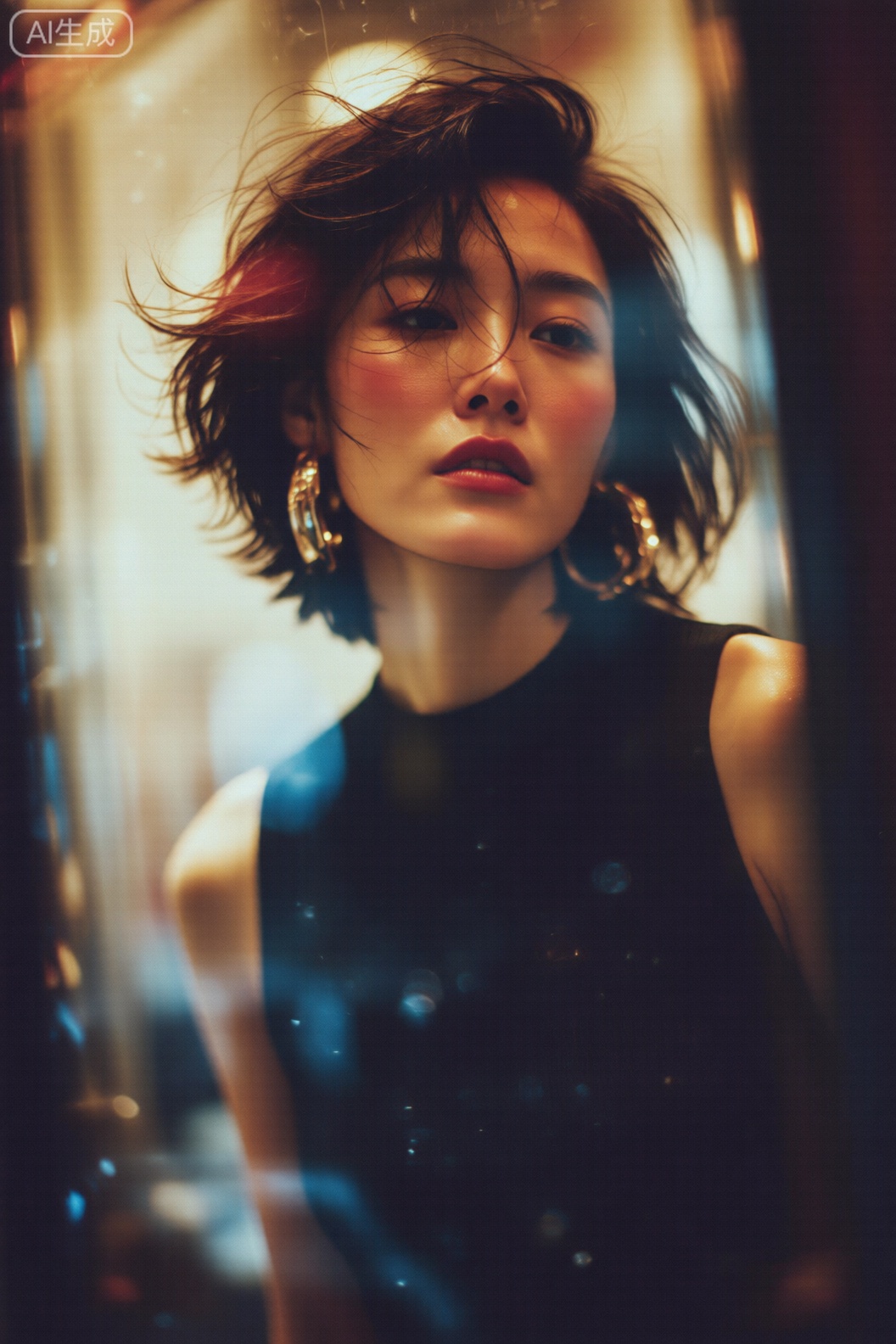 图中女性散发着独特的魅力与个性。她留着一头略显凌乱的短发,发丝肆意飞扬,却增添了几分不羁与随性。脸上妆容精致,腮红晕染恰到好处,凸显出脸部的立体感,唇色自然,透露出一种淡然的气质。
她戴着一对造型夸张的金色环形耳环,在光线的映照下闪耀夺目,为整体造型增添了亮点。身着一件黑色无袖上衣,简洁的款式衬托出她肩部与颈部的优美线条,展现出干练又不失优雅的风格。
背景光影交错,模糊的环境营造出一种朦胧的氛围感,仿佛置身于热闹却又带着一丝静谧的都市街头,画面充满了故事感。,繁花写真风格