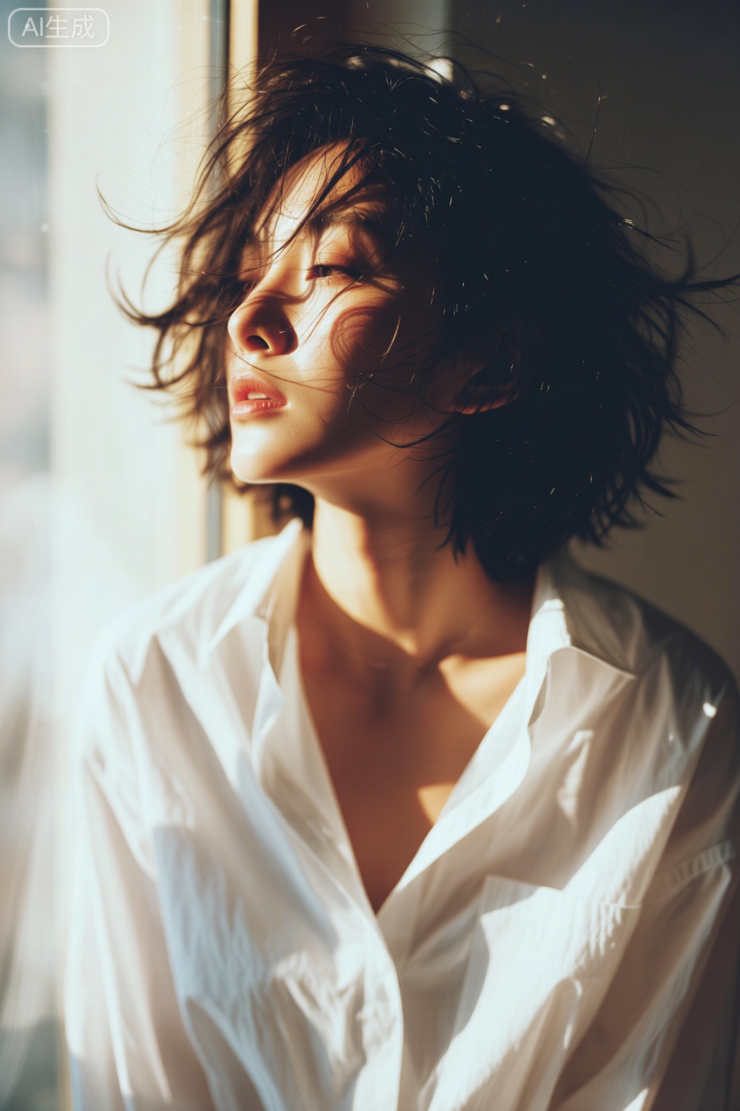 图中女性尽显慵懒随性之美。她留着一头略显凌乱的短发,发丝在微风中肆意飞扬。身着一件宽松的白色衬衫,领口微微敞开,不经意间流露出一种自在的性感。
阳光透过窗户洒在她身上,光影交错,勾勒出脸部柔和的轮廓。她微闭双眼,神态放松,仿佛沉浸在自己的思绪中,整个画面营造出静谧而惬意的氛围。繁花写真风格