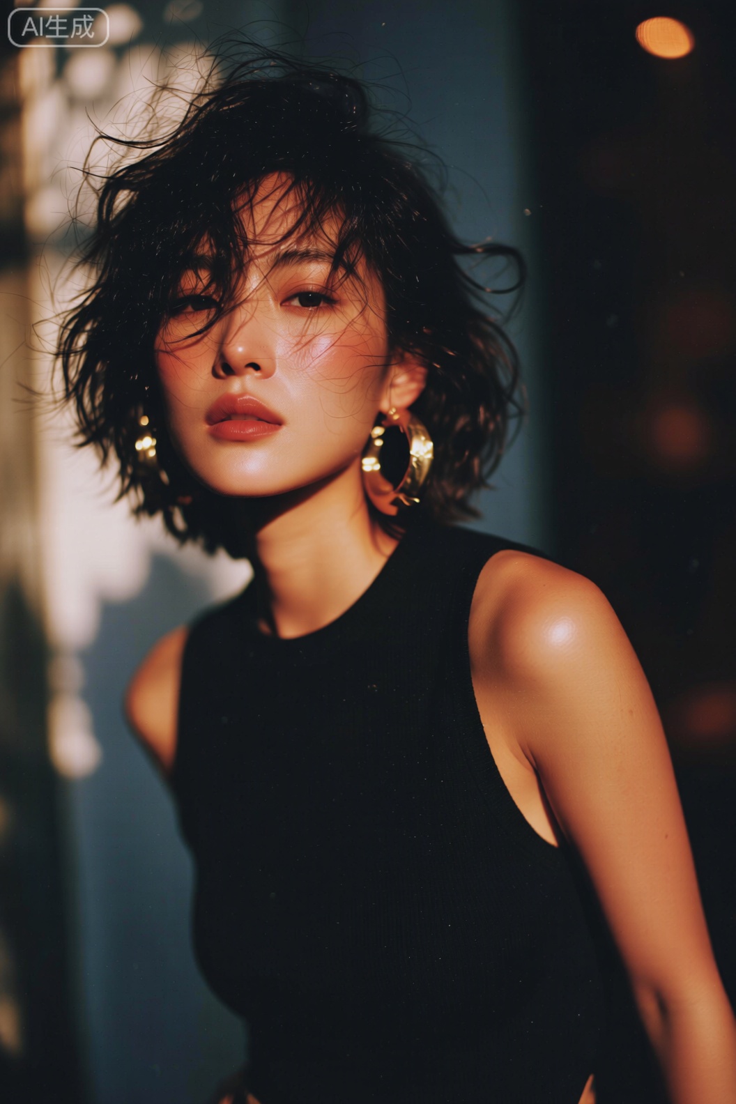 图中女性散发着独特的魅力与个性。她留着一头略显凌乱的短发,发丝肆意飞扬,却增添了几分不羁与随性。脸上妆容精致,腮红晕染恰到好处,凸显出脸部的立体感,唇色自然,透露出一种淡然的气质。 她戴着一对造型夸张的金色环形耳环,在光线的映照下闪耀夺目,为整体造型增添了亮点。身着一件黑色无袖上衣,简洁的款式衬托出她肩部与颈部的优美线条,展现出干练又不失优雅的风格。 背景光影交错,模糊的环境营造出一种朦胧的氛围感,仿佛置身于热闹却又带着一丝静谧的都市街头,画面充满了故事感。繁花风格写真。