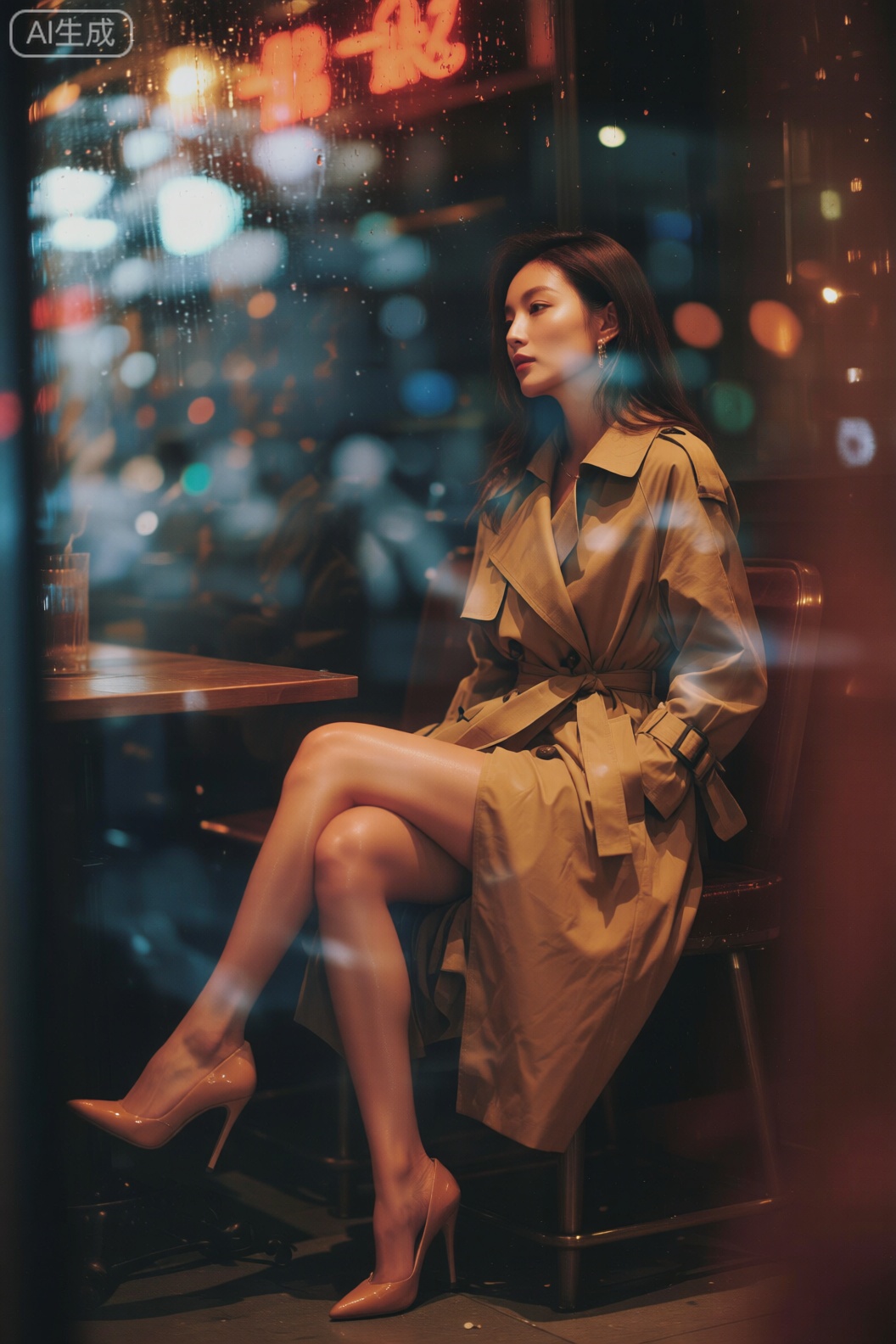 图中女性散发着神秘且优雅的气质。她留着一头柔顺的长发,身着一件经典的卡其色风衣,腰间的系带勾勒出她曼妙的身姿。她优雅地坐在椅子上,双腿交叠,脚上穿着一双裸色高跟鞋搭配肉色丝袜,尽显成熟女性的魅力。
透过带有朦胧光斑的玻璃拍摄,背景中闪烁的霓虹灯光和模糊的光影,营造出一种都市夜晚的氛围感,仿佛她正置身于繁华都市的一角,沉浸在自己的思绪中,画面充满故事感。,繁花写真风格