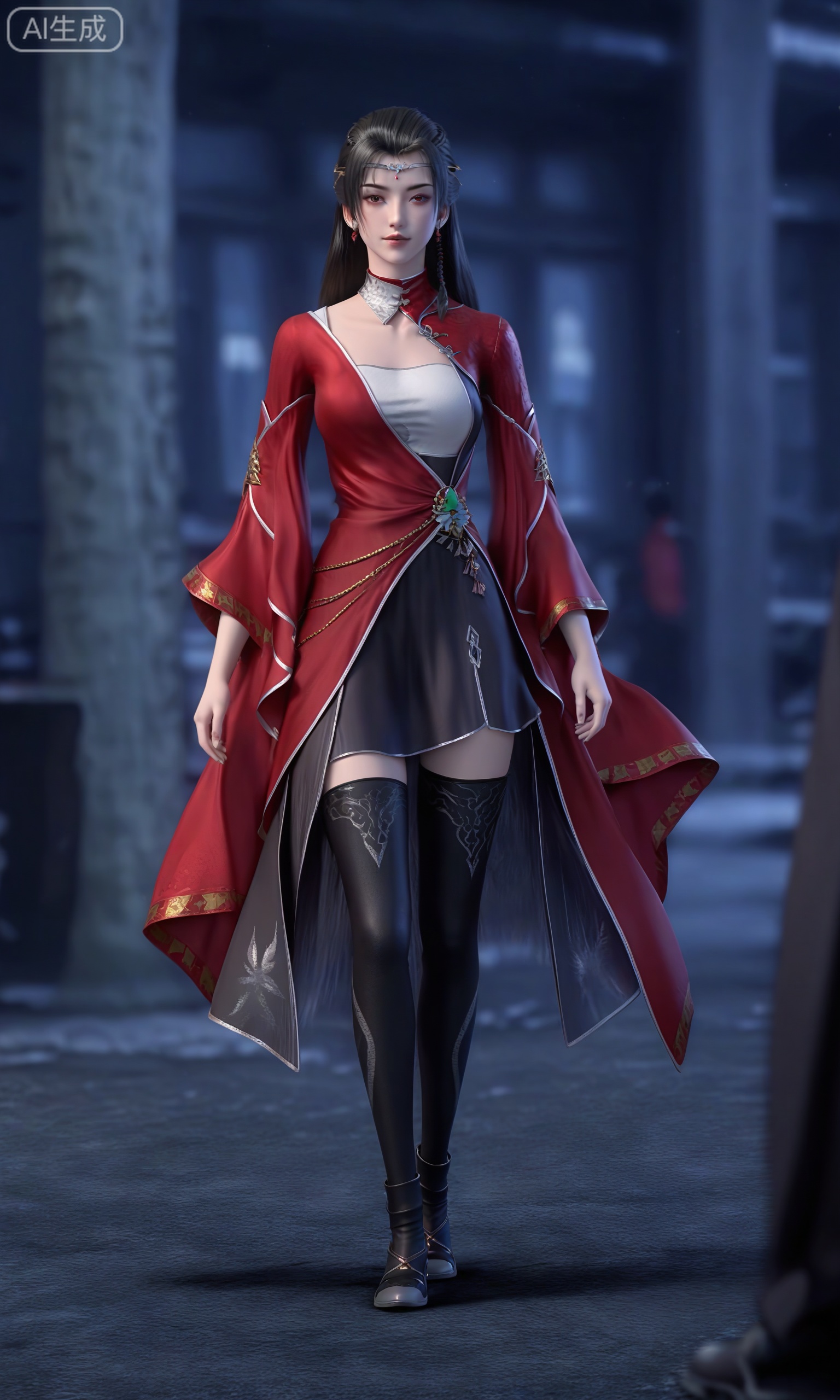 blurry,looking at viewer,blurry background,,1girl,straight,long black hair,silver tiara-like headpiece,striking red outfit with intricate gold embroidery,long,flowing sleeves,high-collared,form-fitting bodice,black,large,ornate brooch with a green gem,flowing skirt,thigh-high black stockings,black boots,