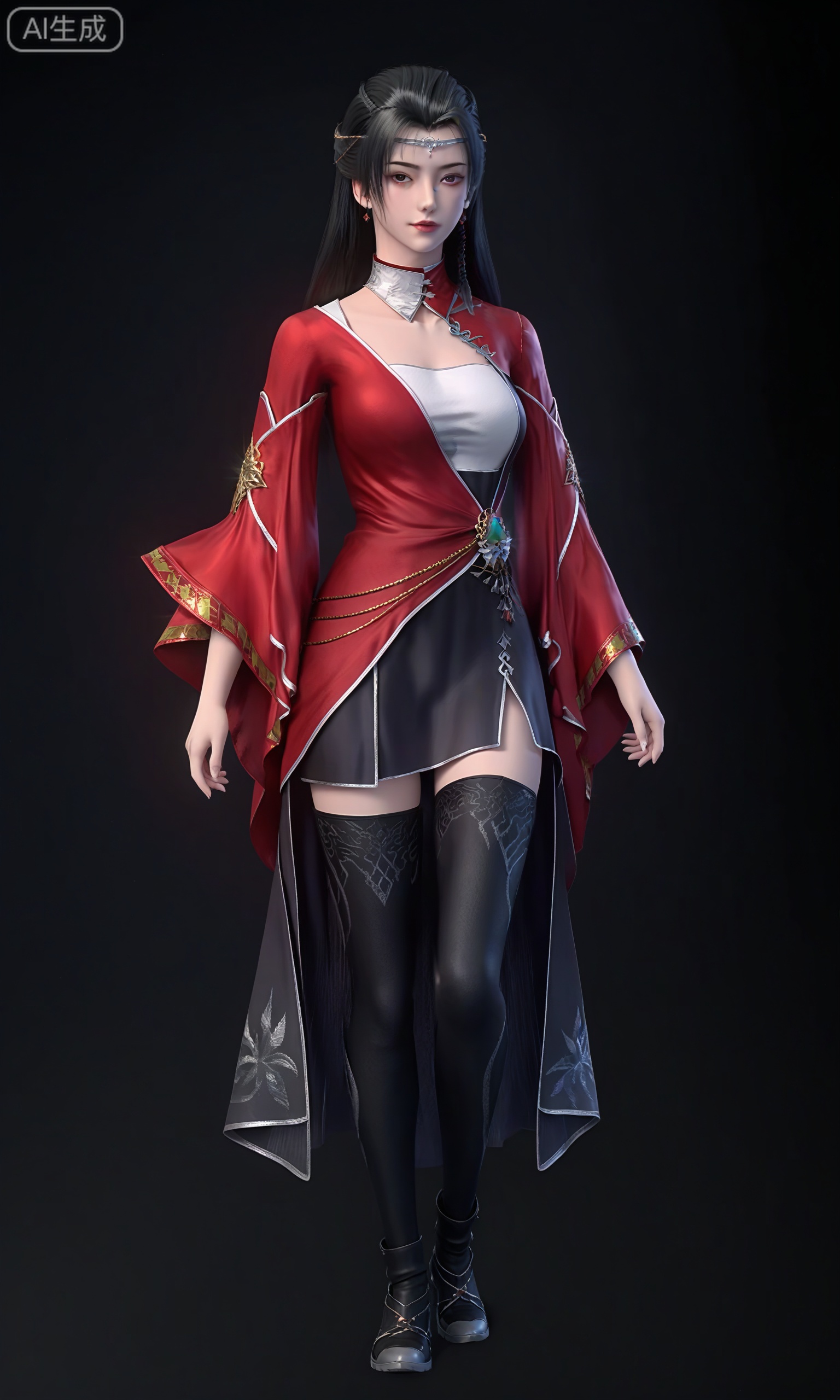 ,1girl,straight,long black hair,silver tiara-like headpiece,striking red outfit with intricate gold embroidery,long,flowing sleeves,high-collared,form-fitting bodice,black,large,ornate brooch with a green gem,long,black skirt,thigh-high black stockings,black boots,, breasts,black background,standing,looking at viewer,