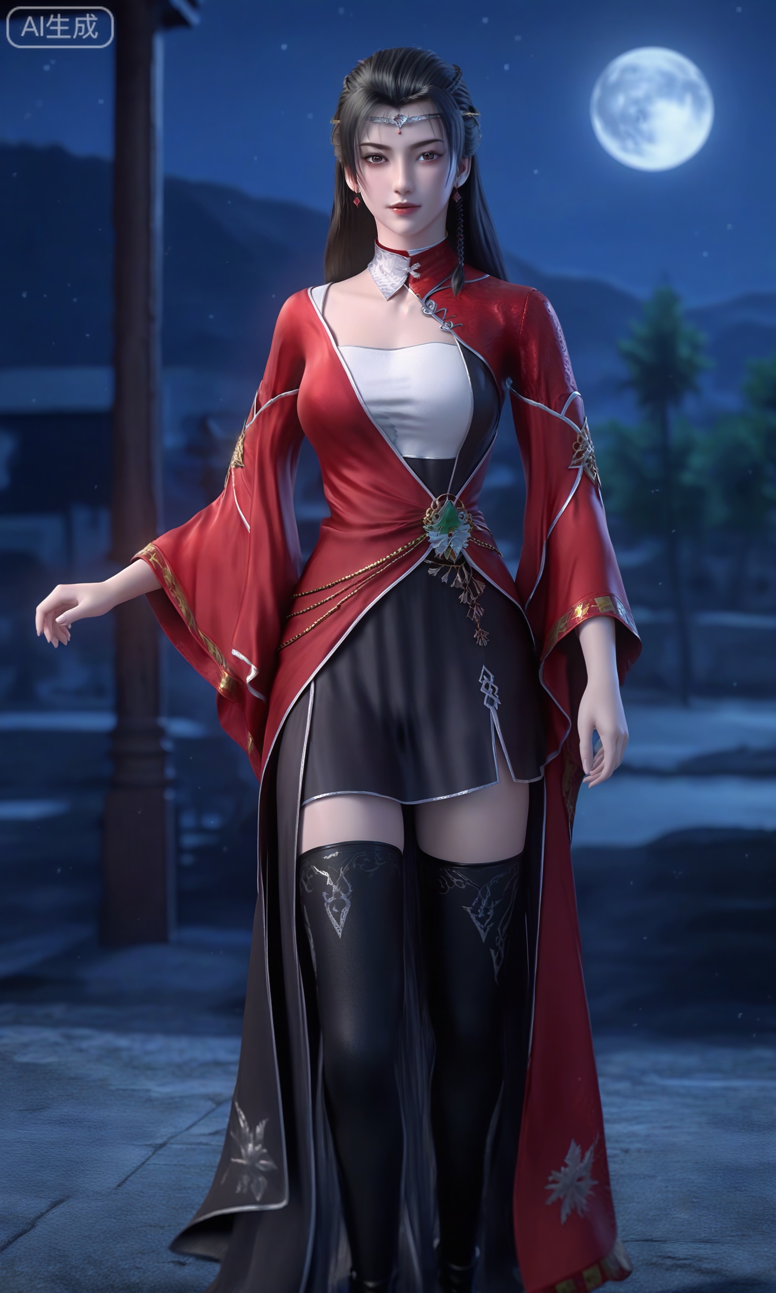 ,1girl,straight,long black hair,silver tiara-like headpiece,striking red outfit with intricate gold embroidery,long,flowing sleeves,high-collared,form-fitting bodice,black,large,ornate brooch with a green gem,flowing skirt,thigh-high black stockings,black boots,, 1girl,solo,shiny,shiny_hair,upper_body,fair_skin,white_skin,shiny_skin,shiny,Ivory_skin,looking at viewer,cinematic lighting,volumetric lighting,solo focus,blurry background,depth of field,night,sky,night sky,full moon,moonlight,