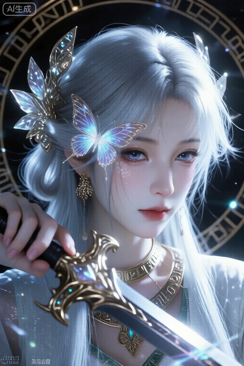 超高清,正面,魔卡少女樱真人,微距镜头聚焦。化妖,蝶羽,荆棘前景,荧光符文光环,飞仙,暗黑,天行,荧光异色瞳孔虹膜晶体纹理清晰,少女肌肤清透泛着淡淡的opal冷光,pbr材质肌肤,白皙有光泽,朦胧白光描边,银白色长发根根分明,辛烷值渲染,oc渲染,真实肌肤纹理,华丽复杂金属光泽花朵发饰蔓延遮挡左眼折射白光,华丽翅膀护手,镂空设计,手握有华丽翅膀剑护的西方刺剑,强光打下,面部明暗对比鲜明,阴影层次丰富。,MNI