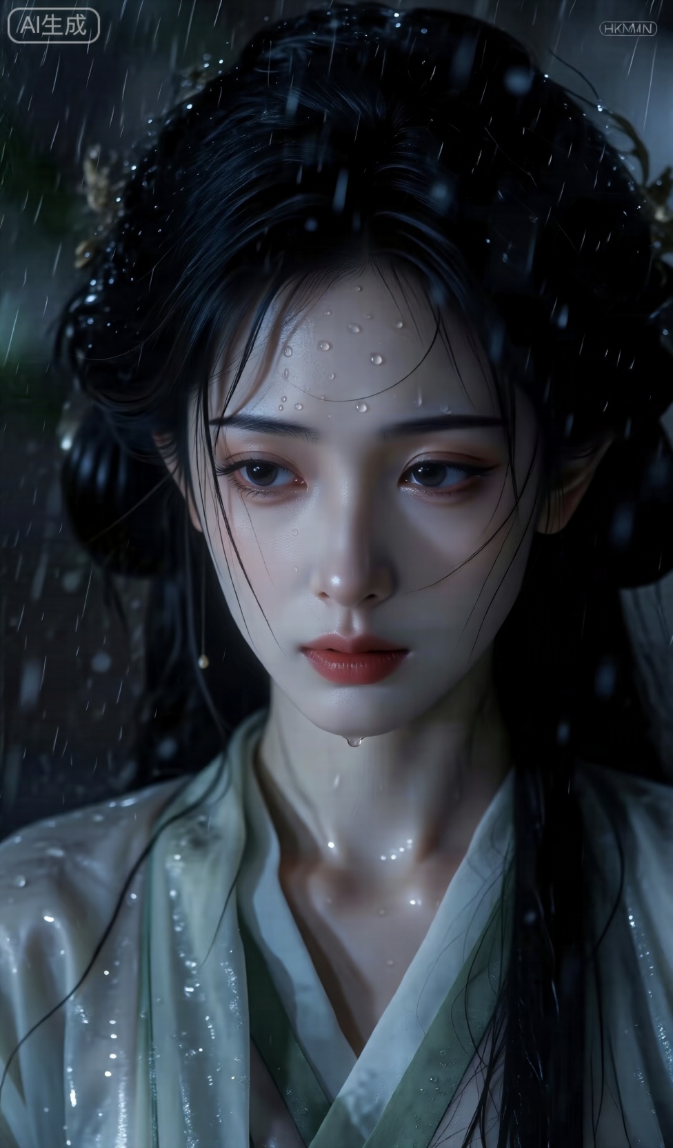 古装美女的脸上满是雨水,那晶莹的水珠顺着她的额头缓缓滑落,流过弯弯的柳眉,顺着挺直的琼鼻,最终汇聚在她娇艳欲滴的红唇上,摇摇欲坠。她的双眸犹如蒙了一层薄雾的深潭,透着无尽的哀怨与无助,眼神中流露出的楚楚可怜,好似在向这无情的大雨诉说着心中的愁绪。

细密的雨丝不断打在她的身上,将她的衣衫紧紧贴在肌肤之上,勾勒出她曼妙的身姿。雨水顺着她的颈项蜿蜒而下,隐没在领口之中。此刻的她,孤立于大雨之中,那单薄的身影显得愈发柔弱,让人见之顿生怜惜之情,仿佛一幅凄美动人的雨中画卷,充满了诗意与哀愁。,HK,MNI