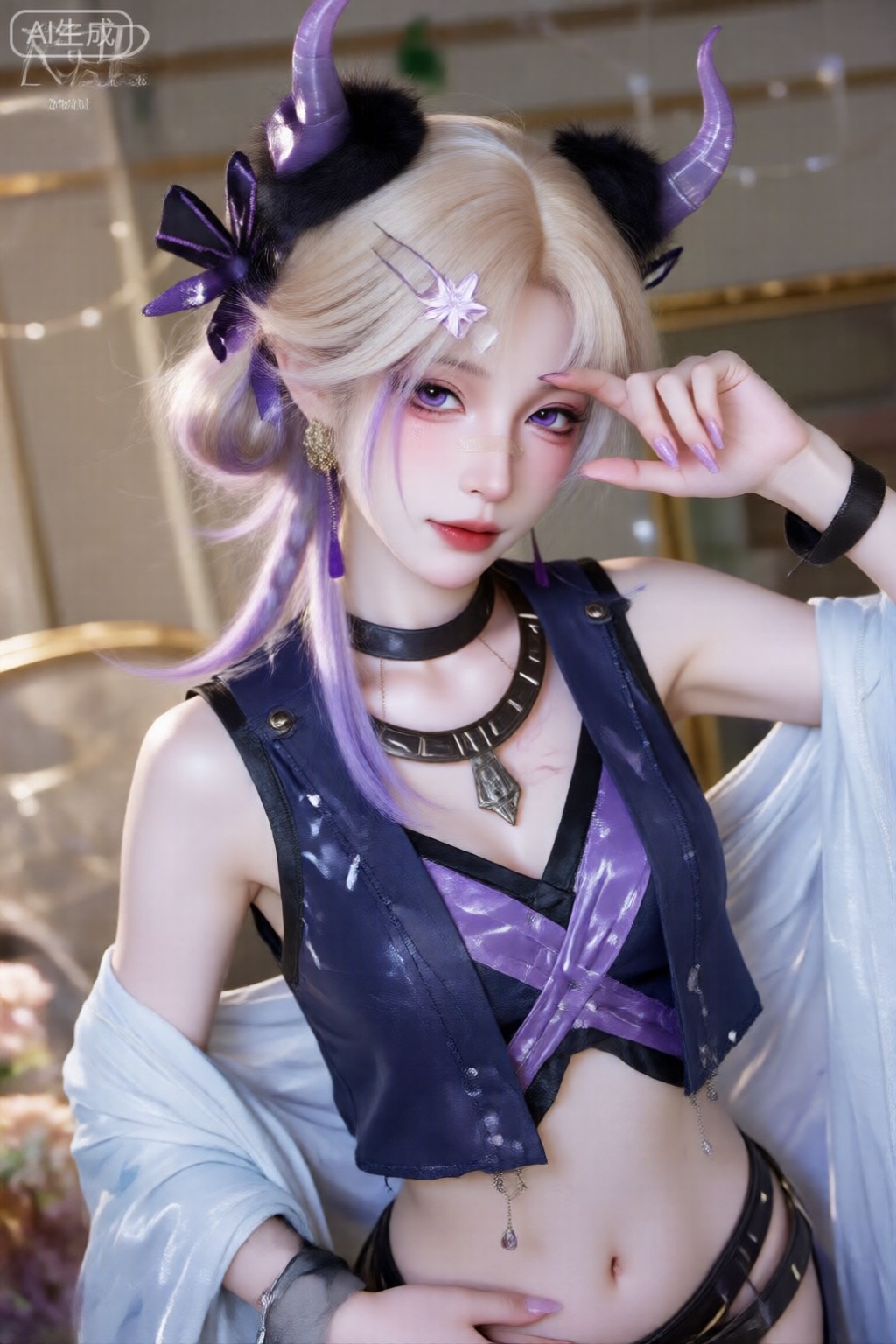 1girl,solo,looking at viewer,short hair,bangs,blonde hair,black hair,hair ornament,long sleeves,bow,navel,holding,purple eyes,jacket,purple hair,braid,ahoge,multicolored hair,horns,sleeveless,midriff,hair bun,star \(symbol\),nail polish,streaked hair,crop top,clothing cutout,double bun,stuffed toy,stuffed animal,x hair ornament,crescent,bandaid,star hair ornament,purple nails,bandaid on face,crescent hair ornament,bandaid on nose,MNI