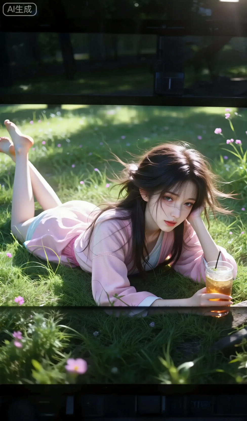 一张摄像录像机显示屏截图,美女,夏天,日系复古切茶室,微风,长发,粉色穿搭,拿着饮料。害羞,突出头发凌乱美,灵动转身,富士胶卷相片,大阳光,不清晰,大颗粒感,过度曝光,冷调,回忆感,真实照片质感, 薇尔莉特特写,发丝凌乱透冷光,反光水润玻璃感晕染唇釉,魅惑又天真凝视镜头,电影级冷暖光对冲,明暗高对比,超精3D肌肤粒子（细腻肌肤/绒毛）,柔焦虚化背景,胶片颗粒质感。画面发光特效,焦点锁定眼部折射光斑。 12. 左侧画面侧躺草丛,双腿屈膝抬起不触地13. 中间画面双臂环抱胸前,头微微低垂15度14. 右侧画面单手撑头,眼神直视镜头15. 头型姿态自然放松,展现惬意状态16. 背景为茂密绿色草丛,点缀零星粉色小花18. 整体风格为清纯风,略带纯欲感19. 光线均匀柔和,营造清新氛围20. 画面干净纯粹,突出少女美好形象21. 服装细节：上衣袖口微卷,短裤有细微褶皱,MNI