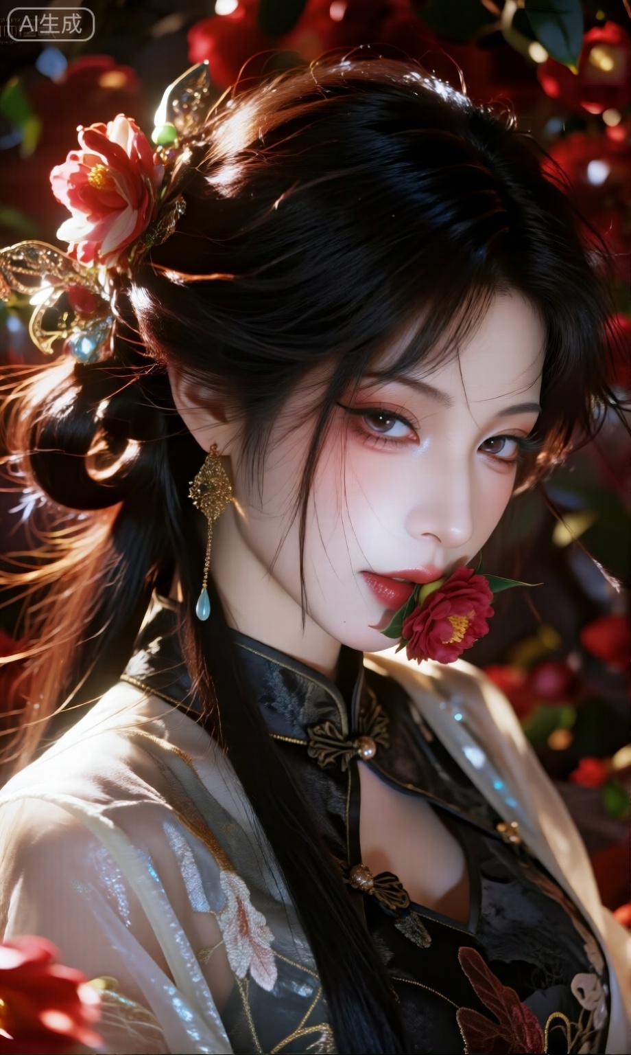 华丽,真人写真,真人cos,美女,发丝根根分明,头发蓬松,发量多、厚。发丝拂面,发丝抽丝,发丝飘扬,头发高光、阴影,有层次感。妖艳,邪魅,清瘦,高挑,正面、花苞发型,编发盘发、黑发、黑色暗纹旗袍,嘴里一朵重瓣山茶花。涂唇膏,晶莹光泽。鼻梁高挺,肤如凝脂,皮肤透白泛着红晕。背景：山茶花花墙。艺术感,动态感,时间定格,一眼万年。眼睛特写,亮晶晶。繁复精致的饰品,鲜花装饰,丝绸、欧根纱、刺绣、画面珠光感,绝美光影效果,色彩层次丰富,光影细腻。大师级构图,具有视觉冲击,精准透视。动作幅度大。五官精致精美,五官立体感强,五官高清,双眼皮,长睫毛。画风强势。大师级审美。脸部特写。,MNI